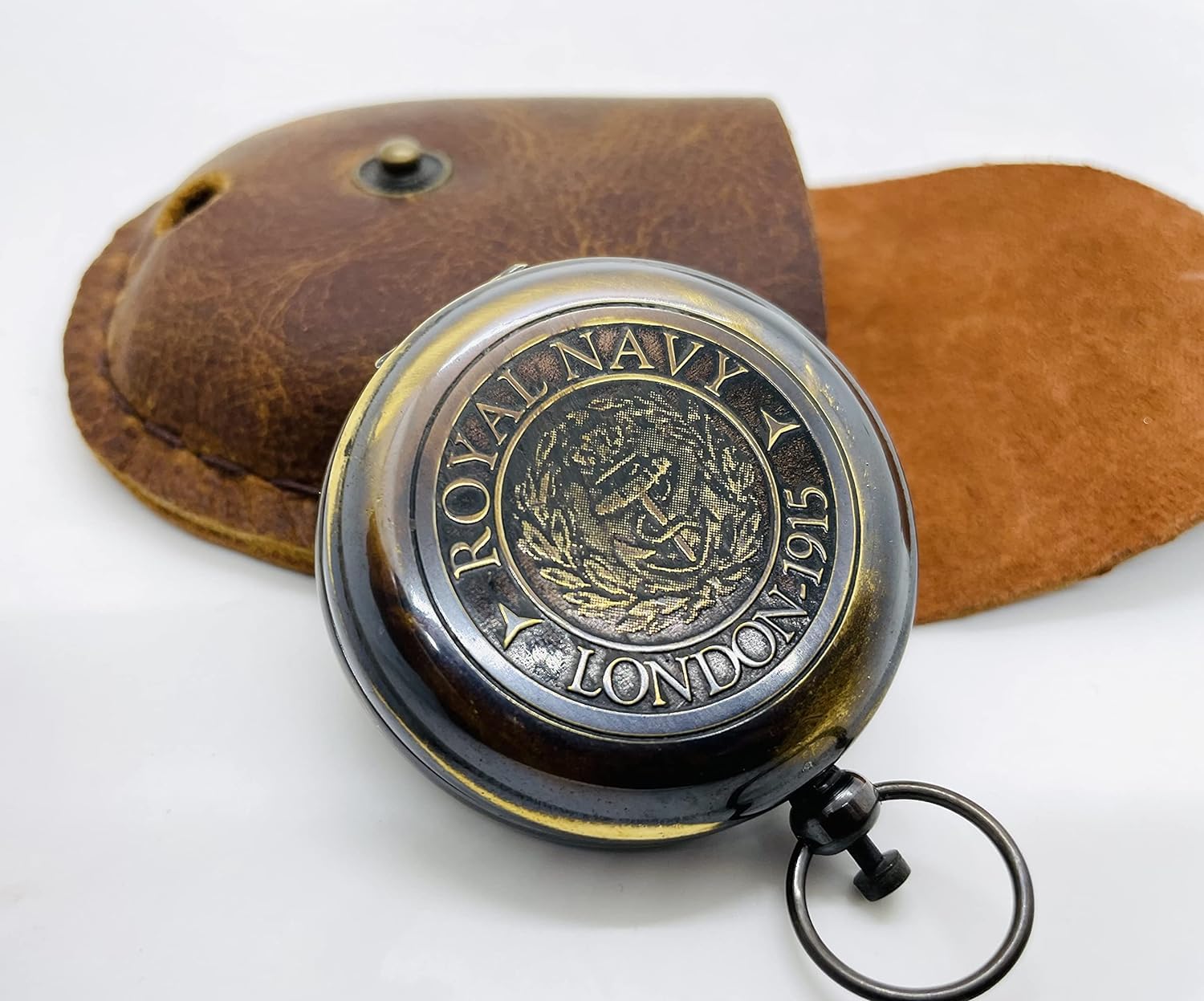 Engraved Brass Compass London 1915 Nautical Compass for Hiking, Outdoor, Camping Pocket Compass with Leather Box Maritime Vintage Brass Puch Button Compass A Item 2