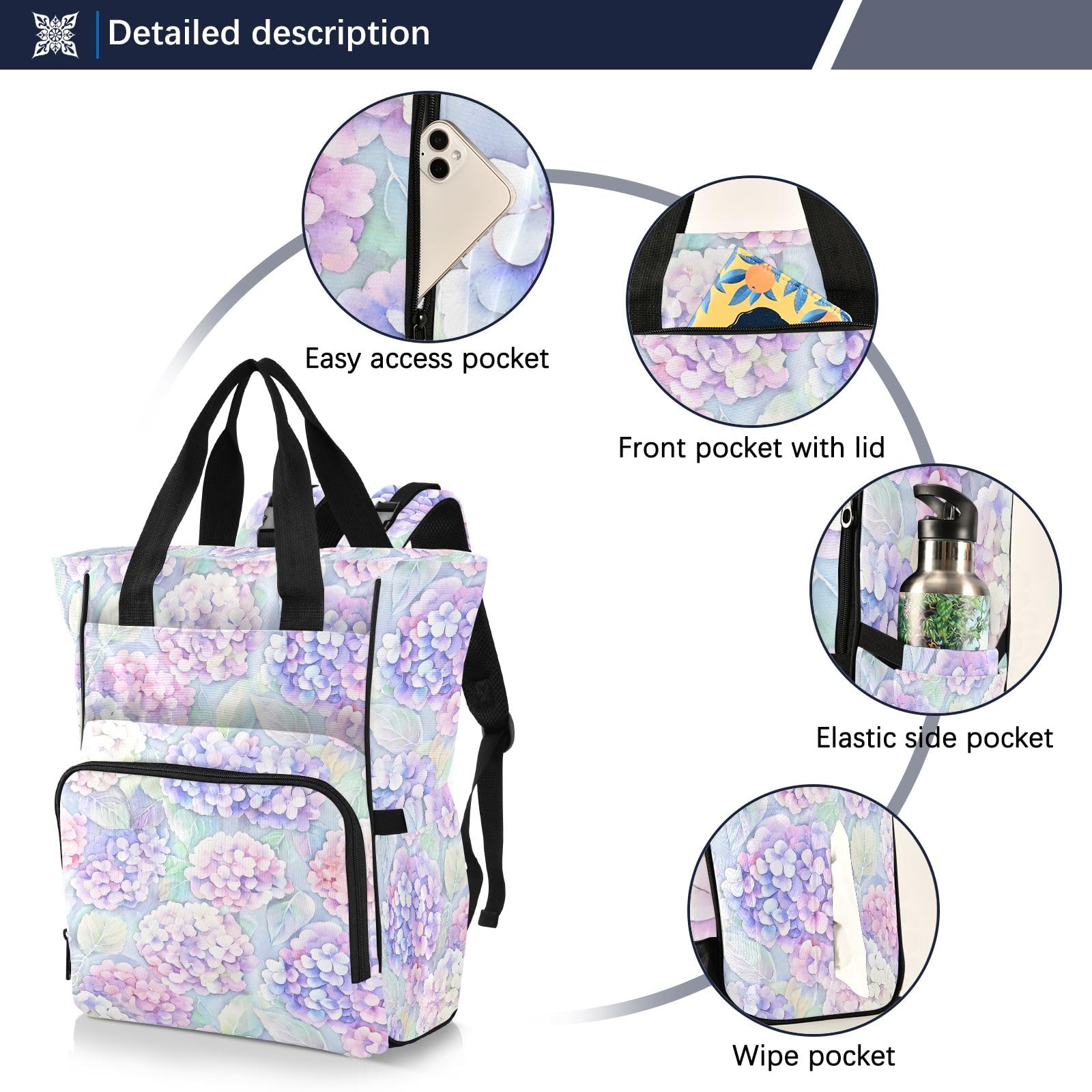 Mnsruu Borsa per pannolini per bambini con motivo a foglie di ortensia zaino grande borsa impermeabile da viaggio borse per pannolini per mamme e papà