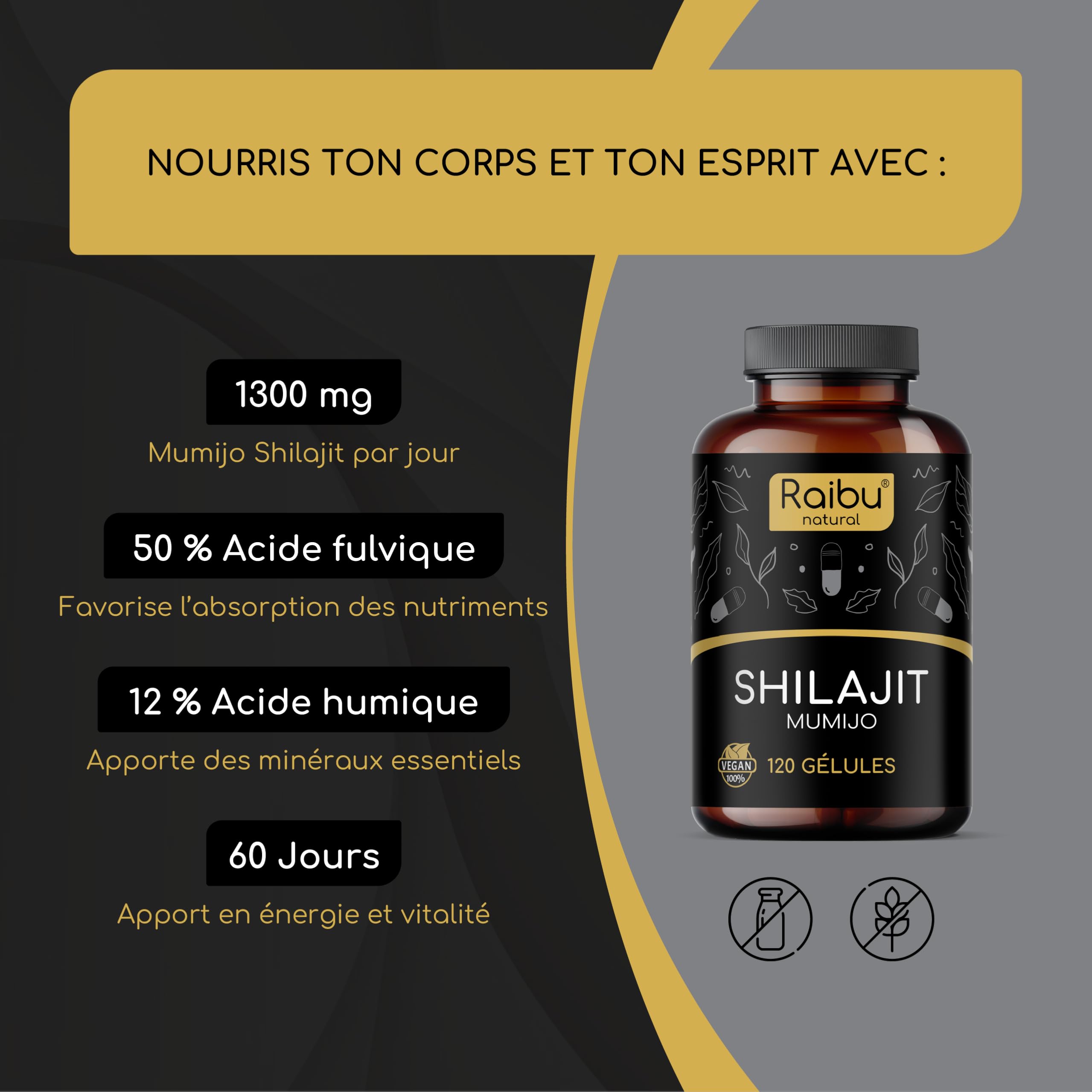 Shilajit Pur de l’Himalaya - 120 Gélules de Shilajit - Haute Concentration en Acide Fulvique et Acides Humiques - 1300 mg par Dose Quotidienne - Mumijo, Testé en Laboratoire, Sans Additifs