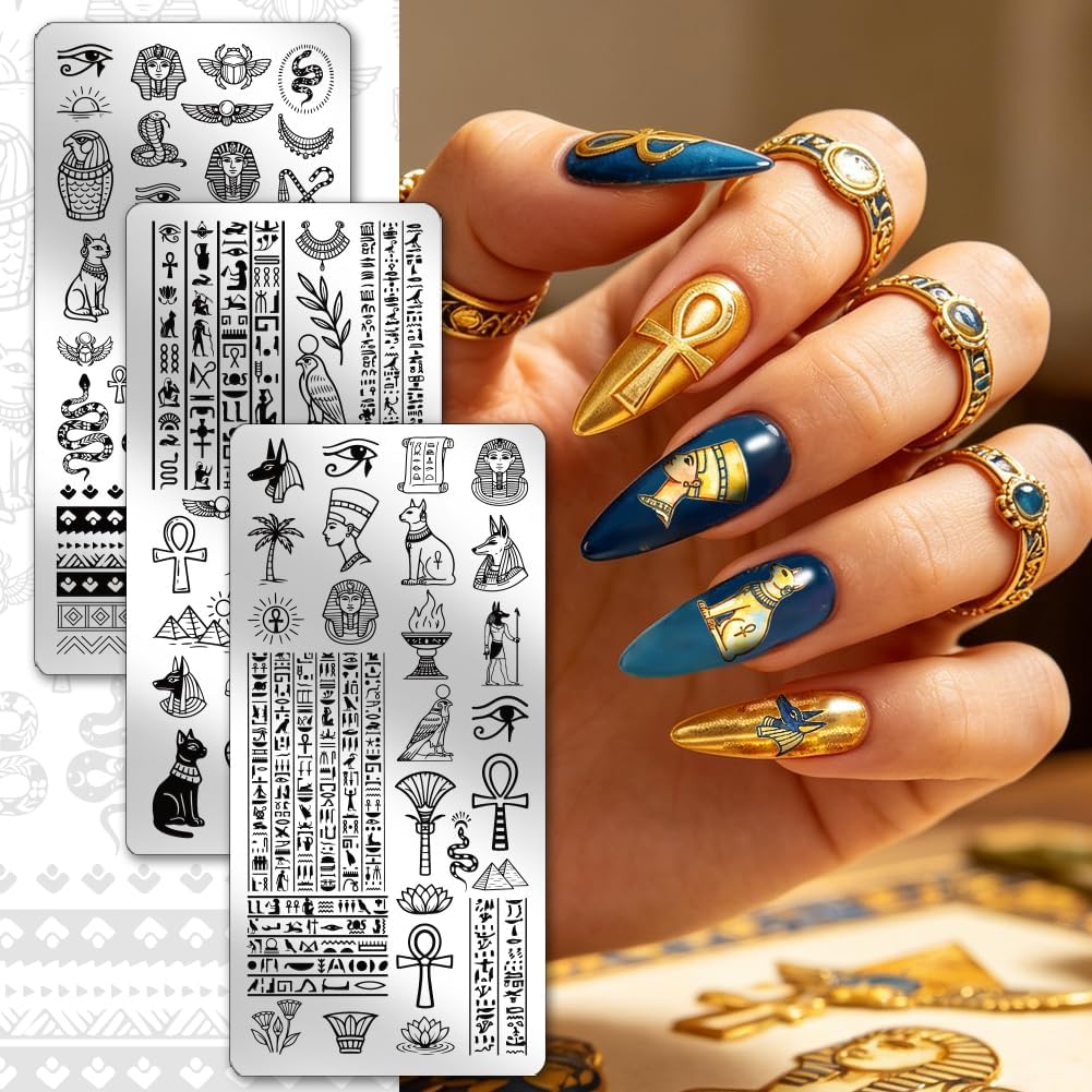 PH PandaHall 3pcs Nail Stamping Plates, Ancient Egyptian Revival Style Nail Art Stencils Egyptian Hieroglyphs Nails Art Templates Stainless Steel Image Plates for DIY Print Manicures Salon Design