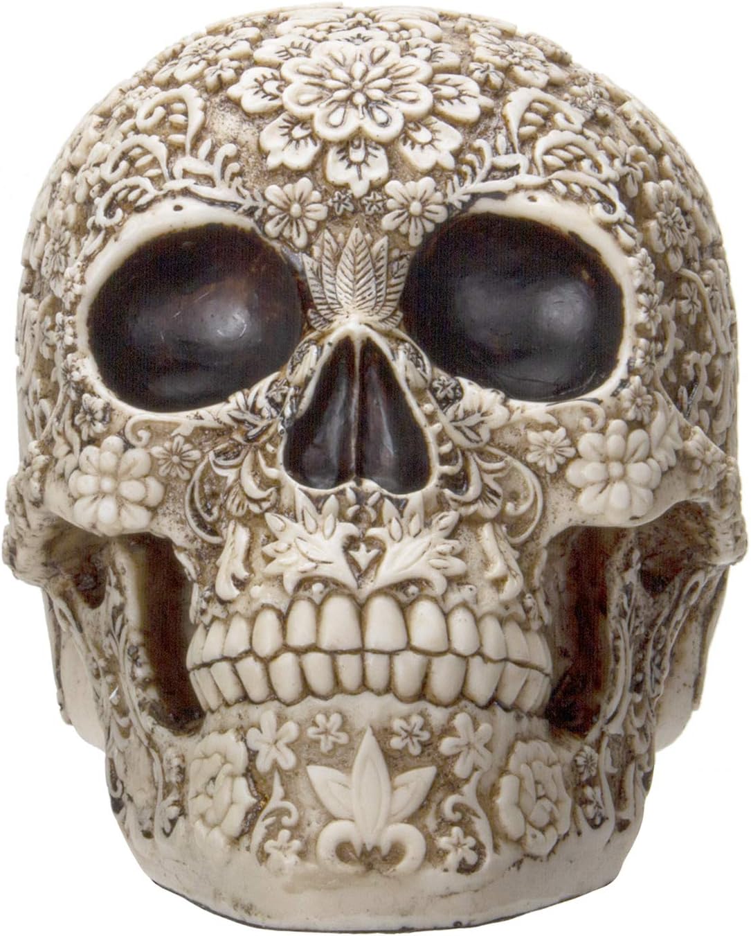 SUMMIT COLLECTION Day of The Dead Natural Antique Skull Bone Floral Skull Collectible Dia de Los Muertos Figurine 6.25 Inch Tall