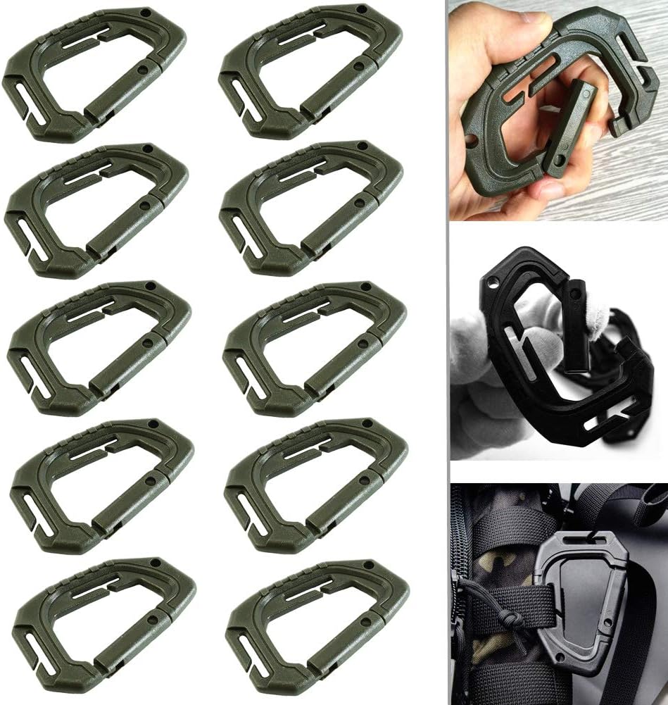 10Pcs Multipurpose Molle Tactical D Ring Clips Carabiner D-Ring Locking Buckle Hanging Hook Tactical Carabiner Keychain Spring Lock Buckle Tactical Backpack (Army Green)