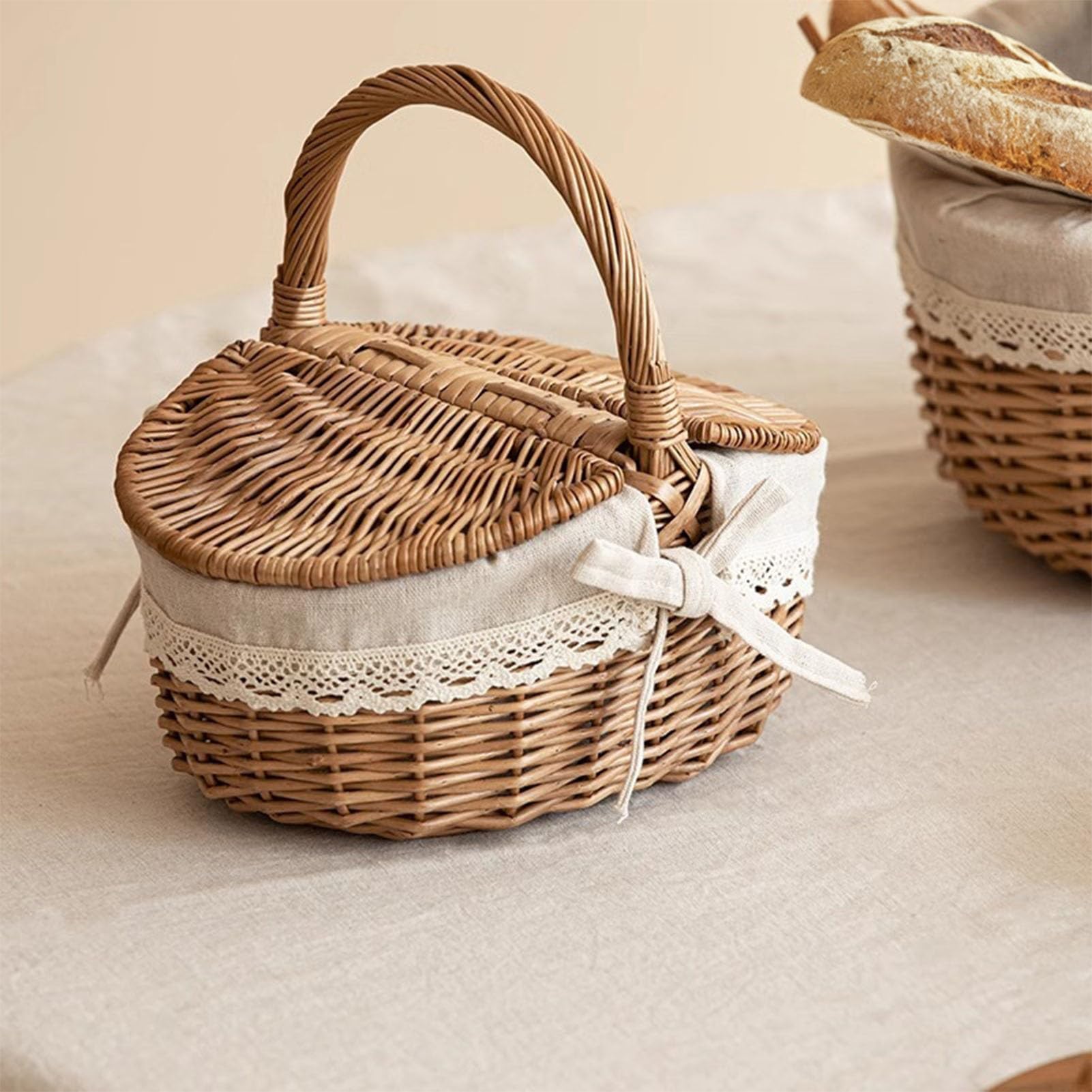 Genérico Cesta de Mimbre para Picnic con Tapa y Asas, Cesta de Mimbre Hecha a Mano con Forro, Pequeñas cestas de Mimbre para Picnic,Exterior,Camping(S)
