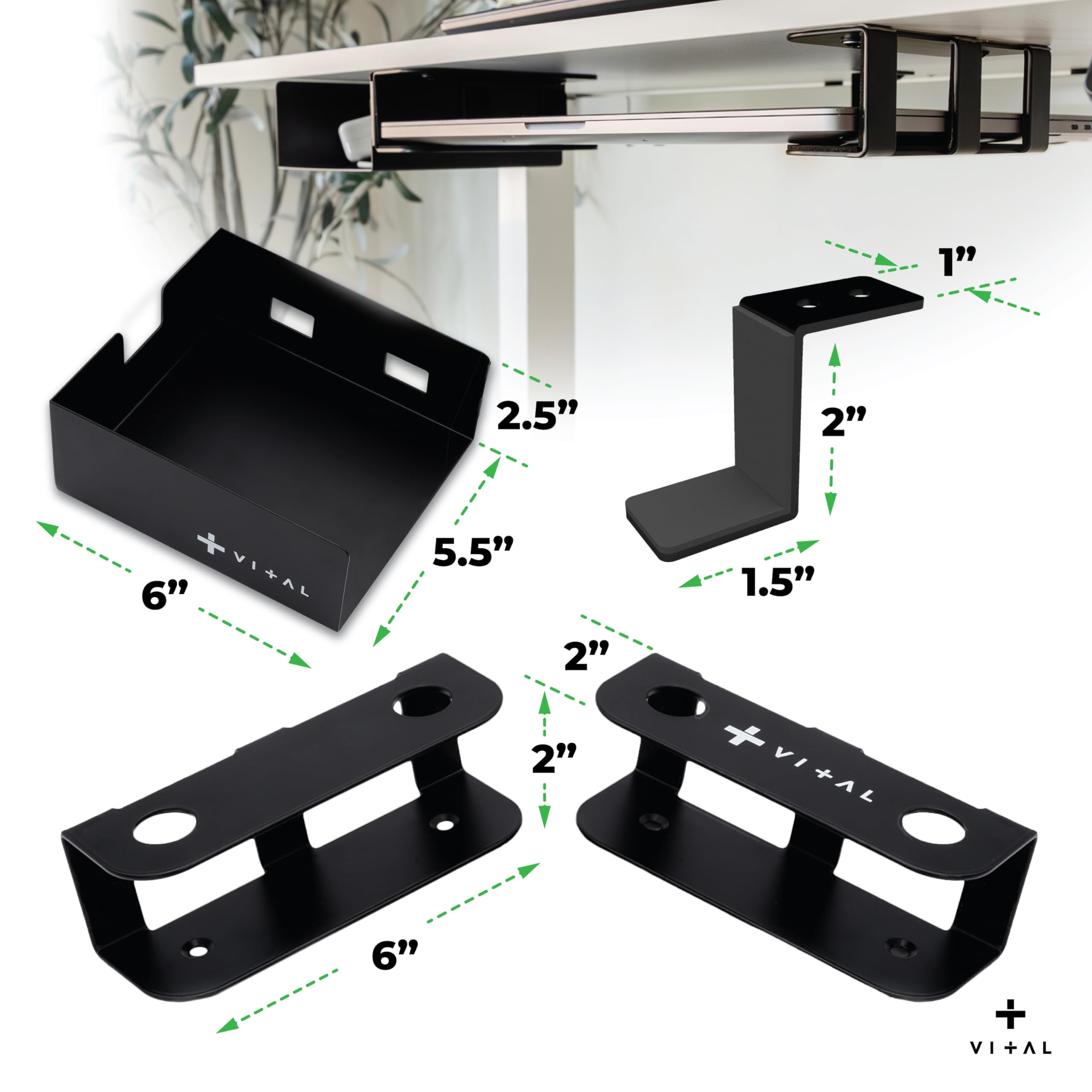 VI+AL Supporto da scrivania per computer portatile, ripiano nascosto in metallo con spazio laterale, si installa con nastro e viti, adatto a dispositivi fino a 4,3 cm di spessore, standard (senza