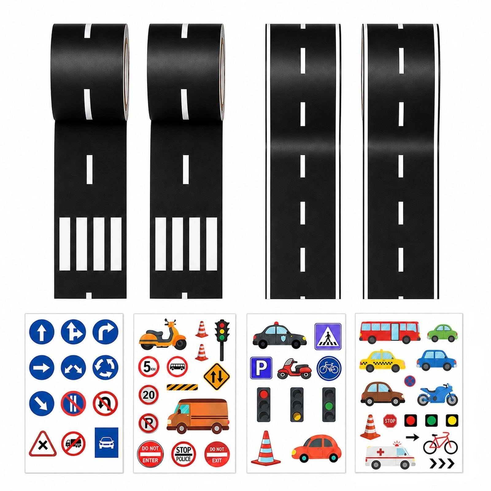 8 PCS Road Tape & Traffic Sign Stickers Set, 5 x 500cm Road Track Tape for Cars Race Track, Adhesive Removable Traffic Railway Sticker, Easy to Stick and Tear, for Cars Play Mat, Party Decorations