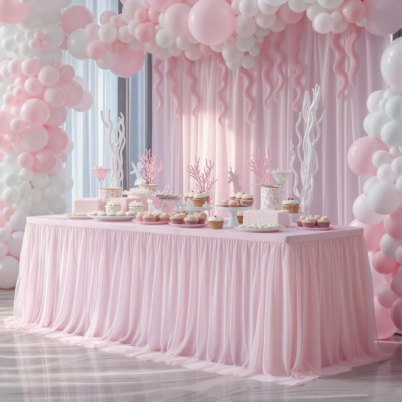 2-in-1 Pink Tulle Table Skirt Tablecloth for 6 Foot Rectangle Tables, Pink Ruffle Tutu Table Skirt Stretch Fitted Table Covers for Bridal/Baby Shower