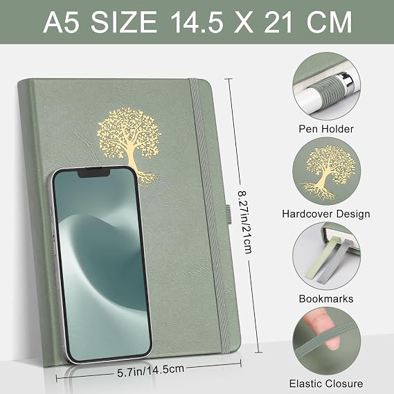 EMSHOI A5 Lined Notebook, Hardcover Journal Notepad, 192 Pages, Light Green