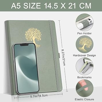 EMSHOI A5 Lined Notebook, Hardcover Journal Notepad, 192 Pages, Light Green