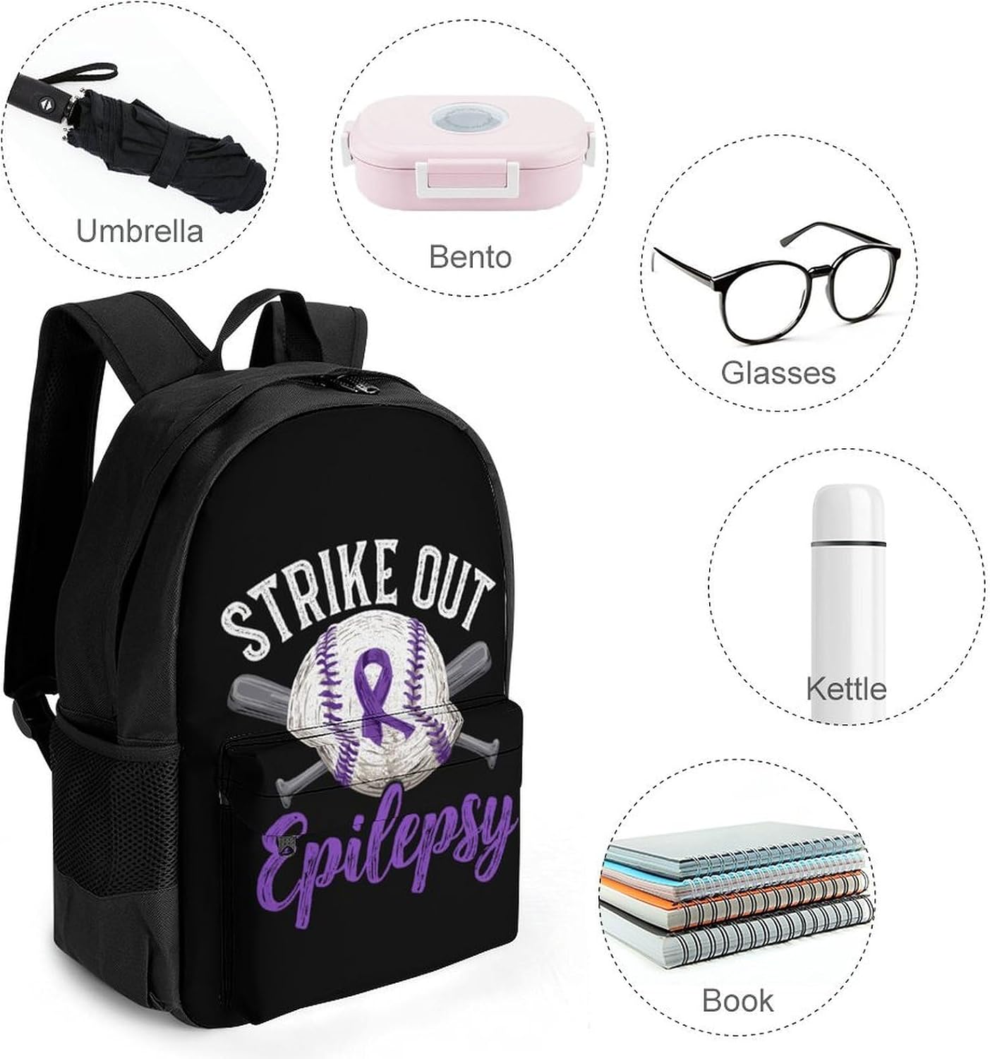 Strike Out Epilepsy Baseball Ribbon Backpack Lightweight Backpacks Work Bag