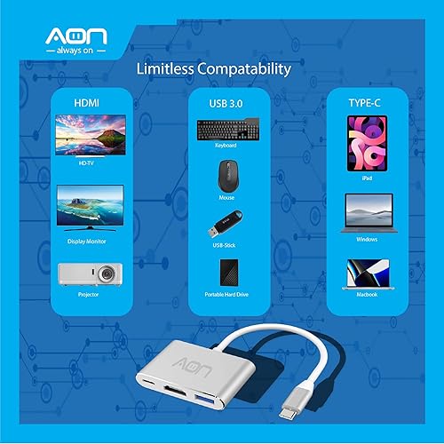 Miniatura 5 de AON Adaptador USB C a HDMI USB tipo C con salida HDMI 4K, puerto USB C y adaptador de carga rápida USB 3.0, convertidor AV multipuerto compatible