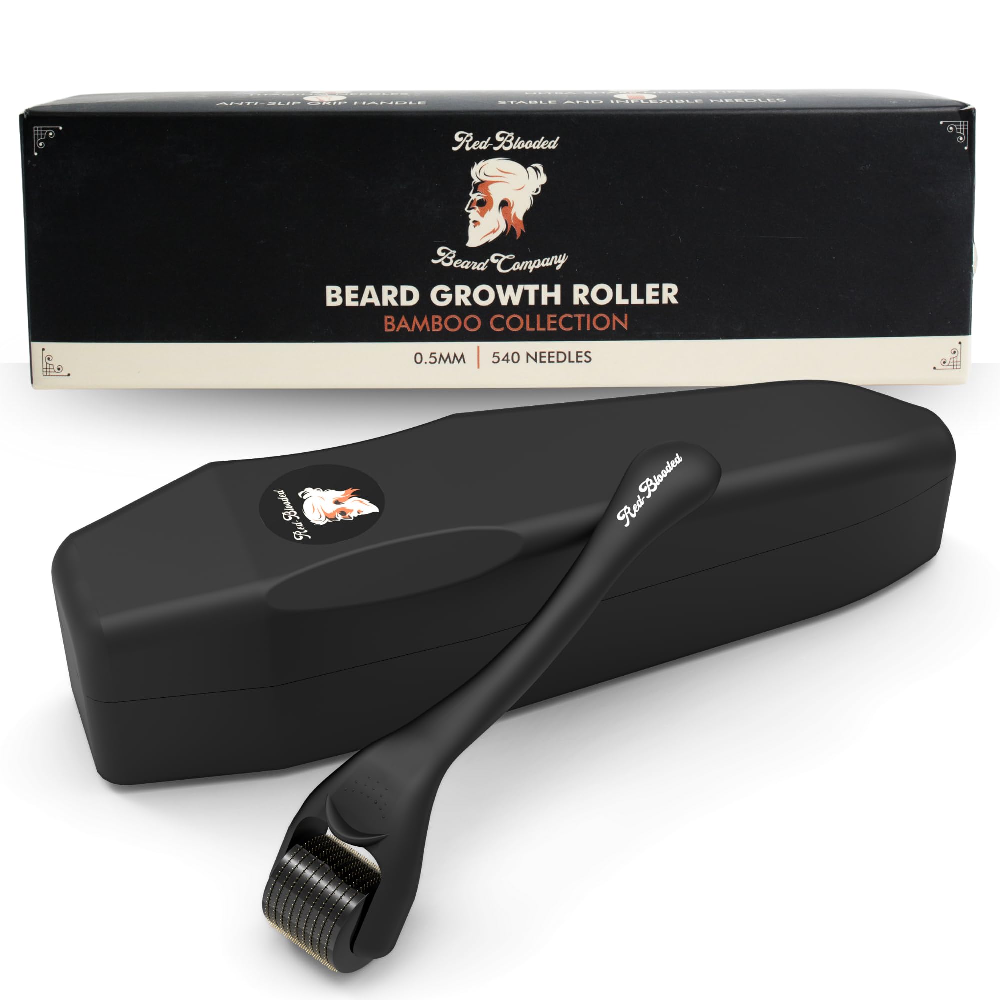 Red-Blooded Beard Roller 0.5mm – 540 Titanium Microneedle Derma Roller for Beard Growth & Hair Regrowth for Men – Microneedling Tool for Thicker, Fuller Beard & Skincare