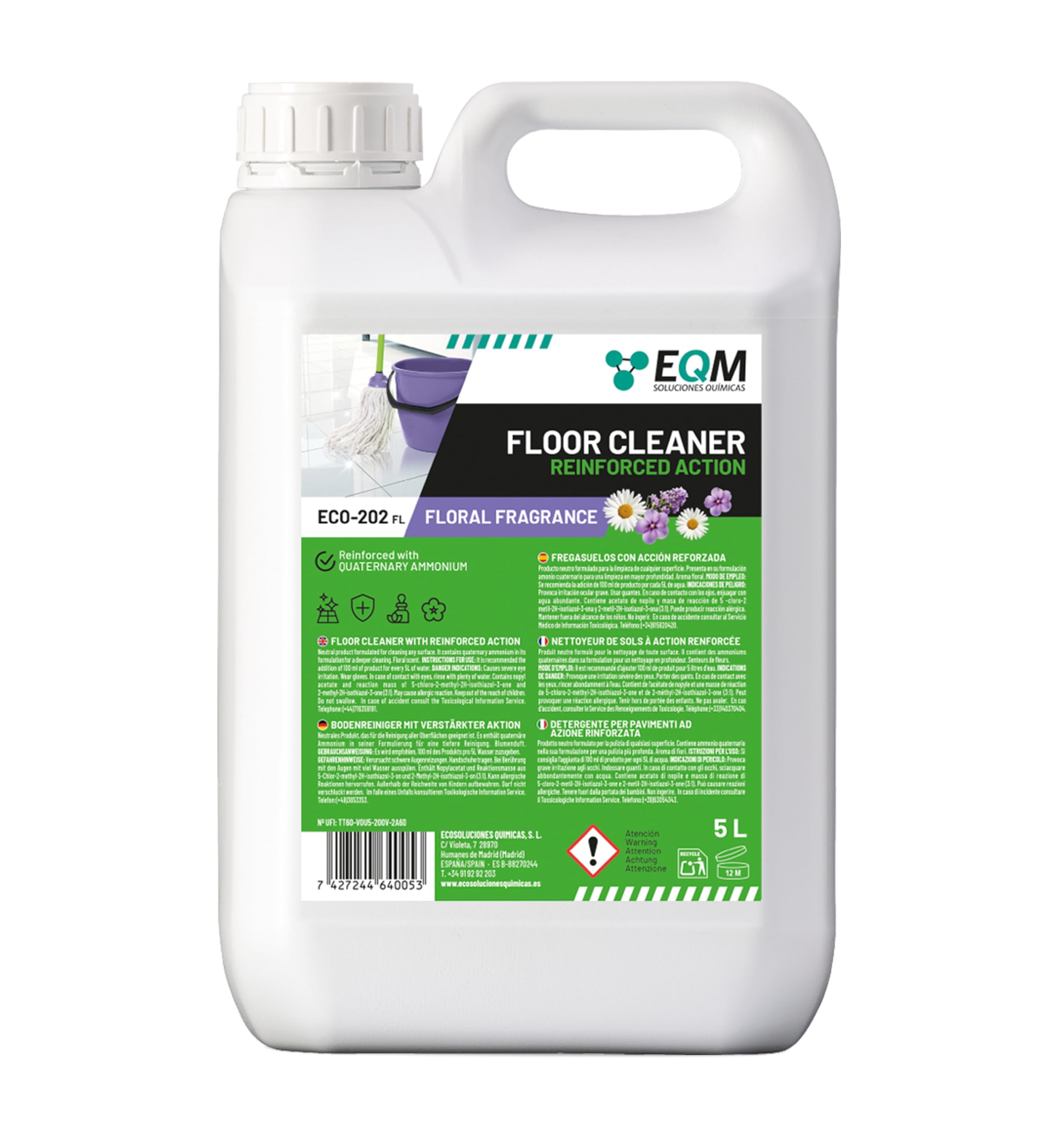 EQM - ECO-202 - Detergente per Superfici Multiple - Azione Rinforzata per una Pulizia Superiore - 5L - Alta Capacità Sgrassante e Deodorante - Aroma Floreale