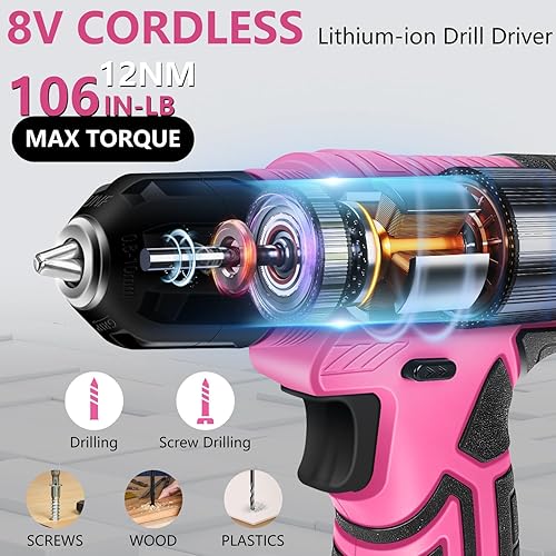 Miniatura 6 de Juego de herramientas kit de herramientas rosa con taladro inalámbrico de 8 V, caja de herramientas con taladro, juego de taladro de mano para