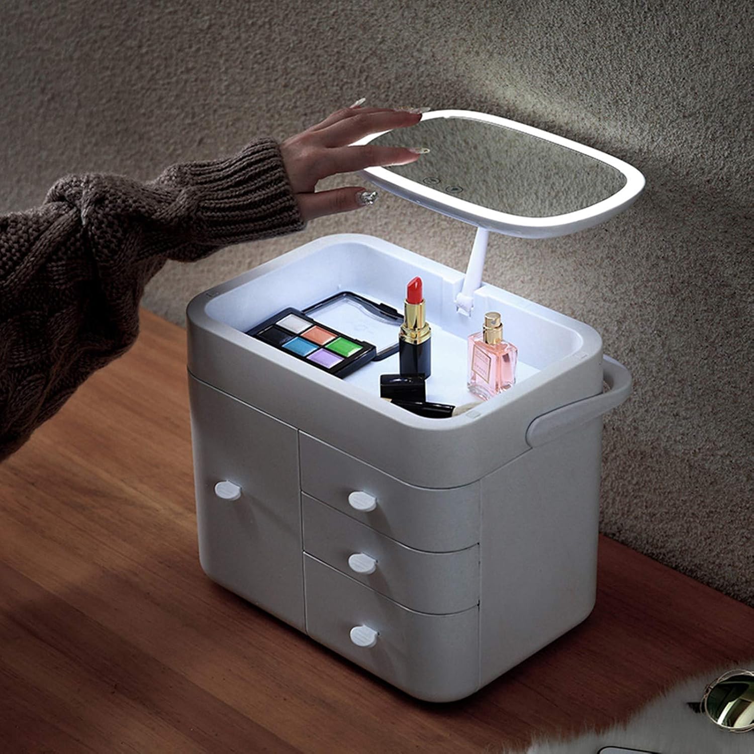 Cosmetic Storage Box Portable Makeup Box Cosmetic Box with Mirror and Light Dusoof and Waterproof Suitable for Bathroom and Dressing Table image 4