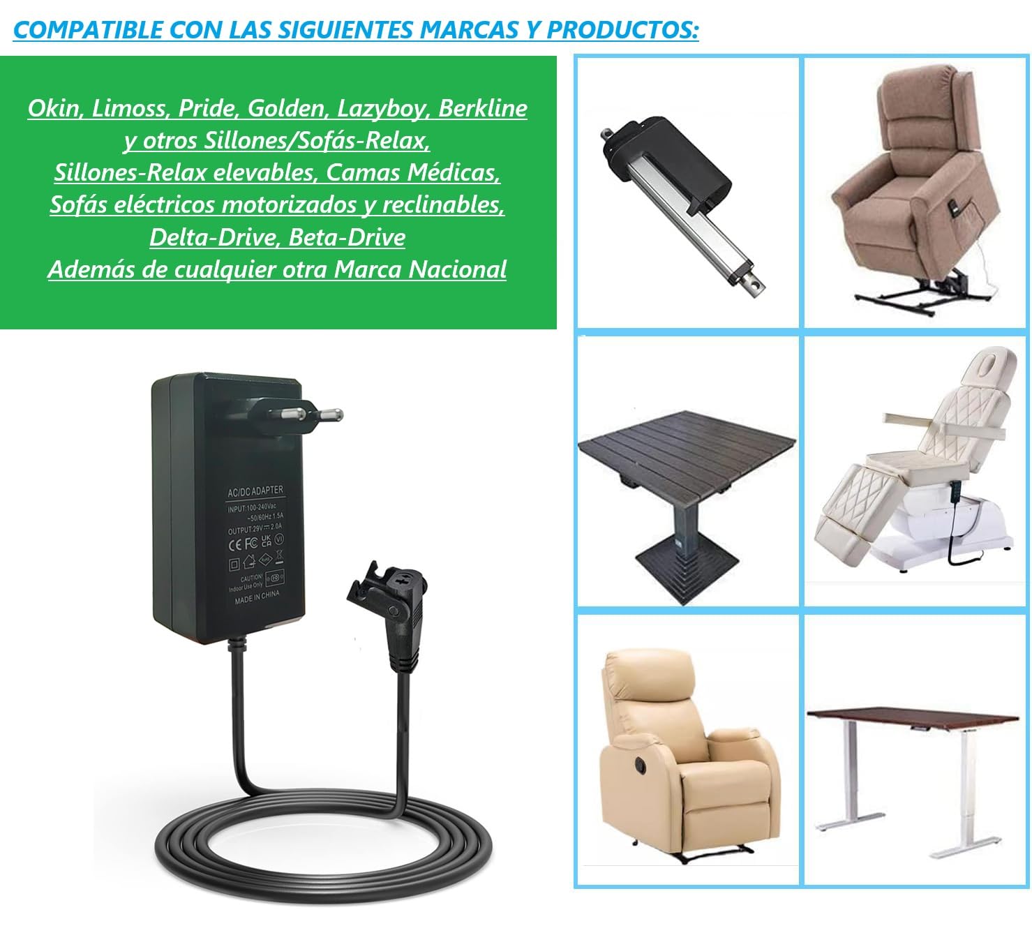 Fuente de Alimentación 29V 2.0A AC/DC Transformador Reclinable Relax para Silla Elevadora Motorizada