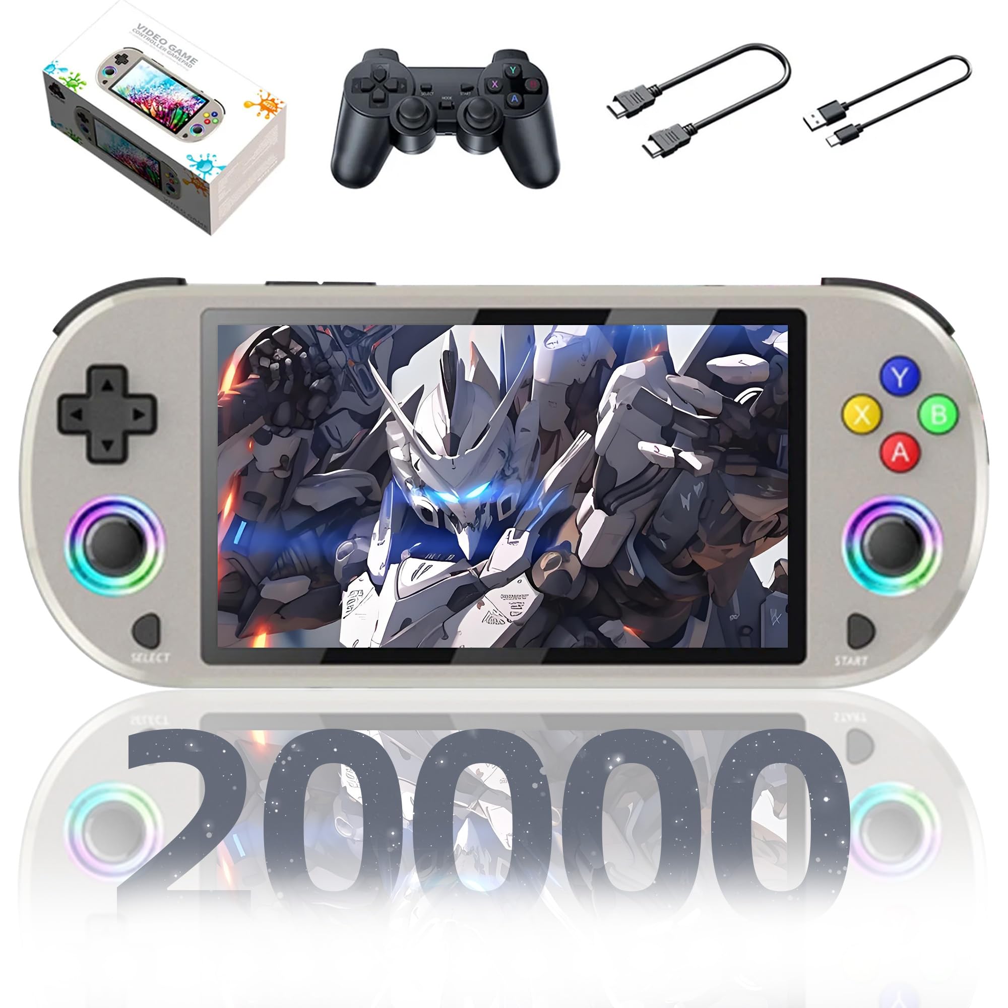 M22 Pro Retro Handheld Game Console,20000+ Games,30+ Emulators,EmuELEC System Portable Video Gaming Console,5-inch IPS 16 Million Color RGB Screen,with 2.4G Wireless Controller,3000mAh (White-64G)