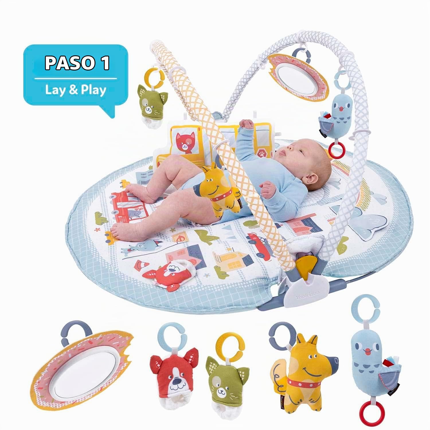 Yookidoo 3-en-1 Urban Gimnasio Bebé. Tumbado y Sentado Manta de Actividades con Cojín y Juguetes Infantiles. Fácil Plegado para Llevar. 0-12 Meses