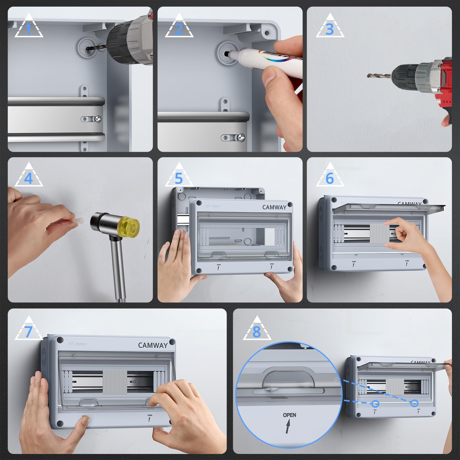 CAMWAY Boîte de distribution exposée 15 voies IP65,1 rangée de 8 modules pour utilisation extérieure, Boîte à Fusibles Exposée en ABS avec Porte Transparente Installation facile