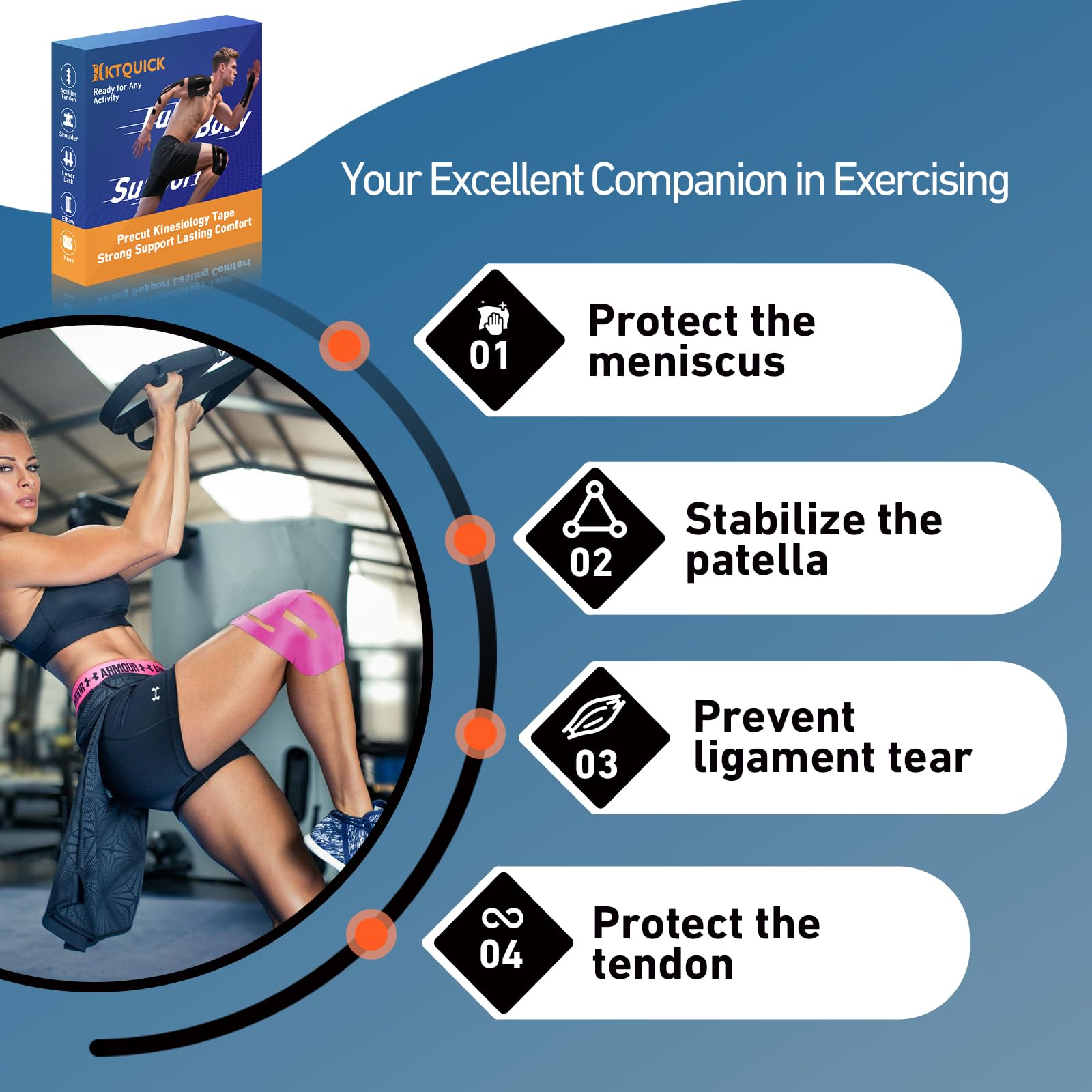 KTQUICK Lot de 24 bandes de kinésiologie prédécoupées pour genoux, bandes de sport imperméables et respirantes pour soulager l'inconfort et les douleurs musculaires (rose)