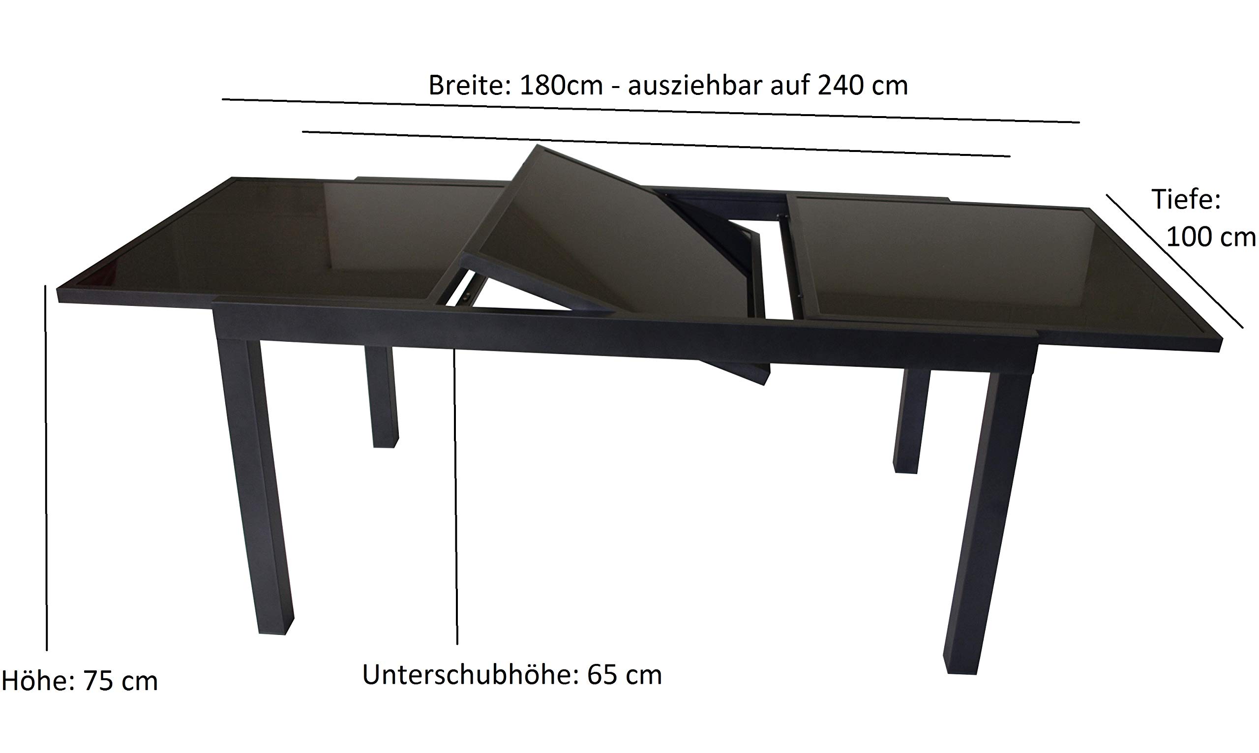 DEGAMO Ausziehtisch Torino XL 180/240x100cm, Aluminium anthrazit + Glas schwarz