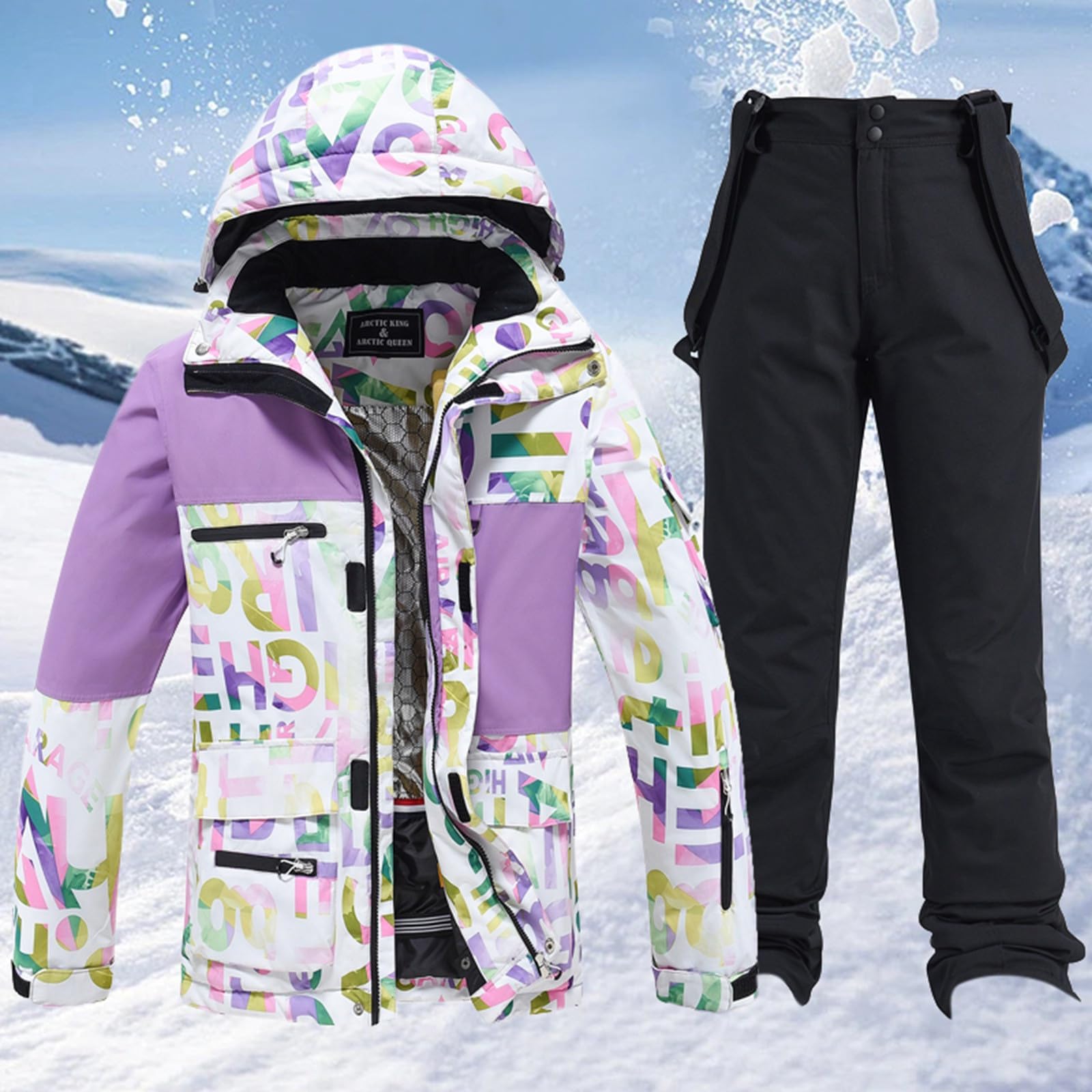 Tuta da sci per uomo e donna, set da 2 pezzi, tuta da neve, giacca da neve, traspirante, antivento, con cappuccio, per sci, snowboard