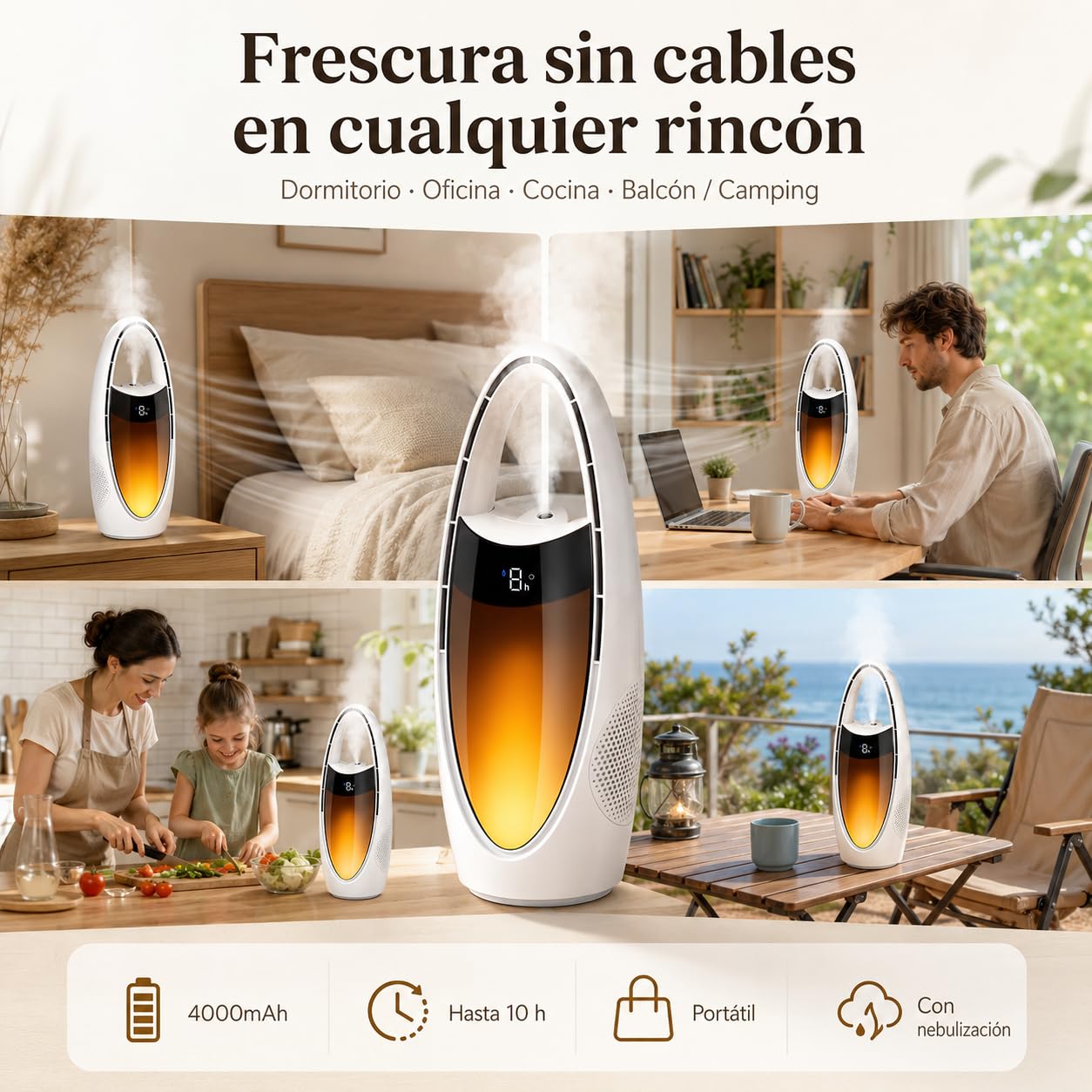 Ventilador sin Aspas con Nebulizador, Ventilador de Sobremesa Recargable 4000 mAh con Luz Nocturna LED, 9 Velocidades, Temporizador 1-9H, Oscilación 70°, USB para Dormitorio Oficina Camping (Weiß)