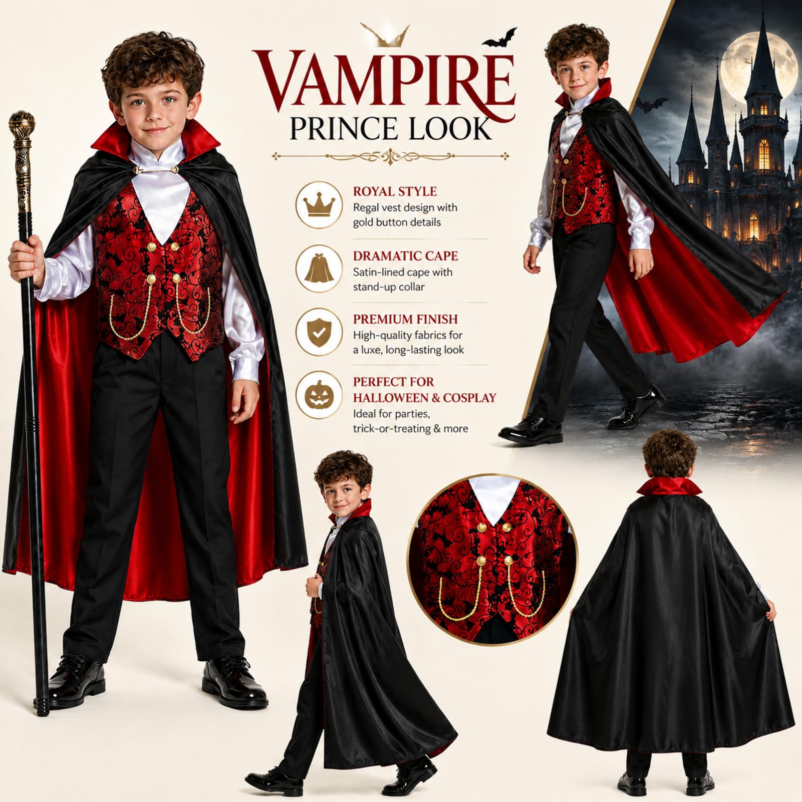 Costume da Vampiro per Halloween per Bambini con Mantello, Camicia, Pantaloni e Bastone, Abbigliamento in Poliestere per Travestimento e Festa a Tema per Bambini (Piccolo)