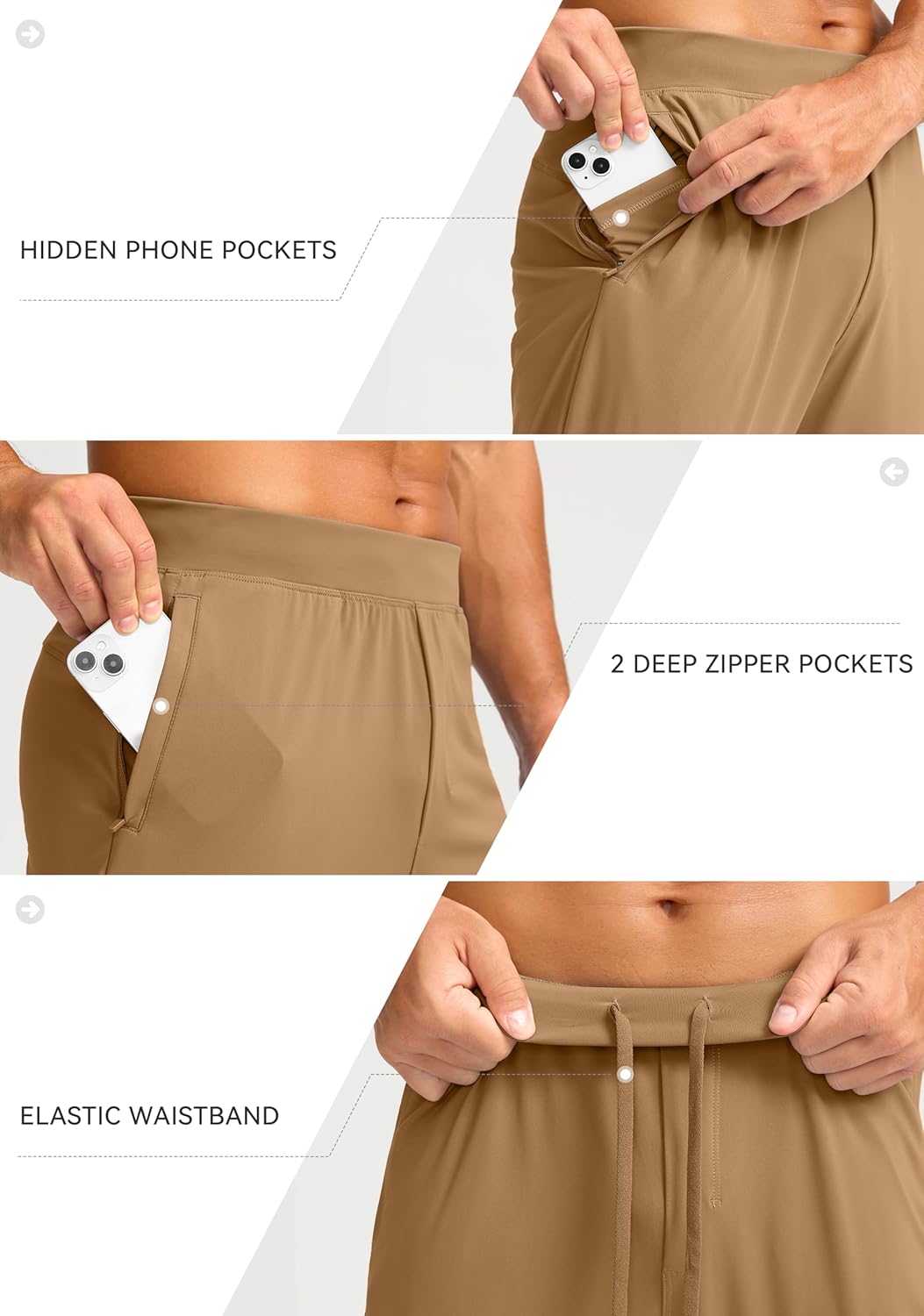 Soothfeel Men's Joggers with Zipper Pockets Golf Joggers Lightweight Sweatpants Athletic Workout Pants for Men Track 28" (Dark Khaki, XL) - Image 3