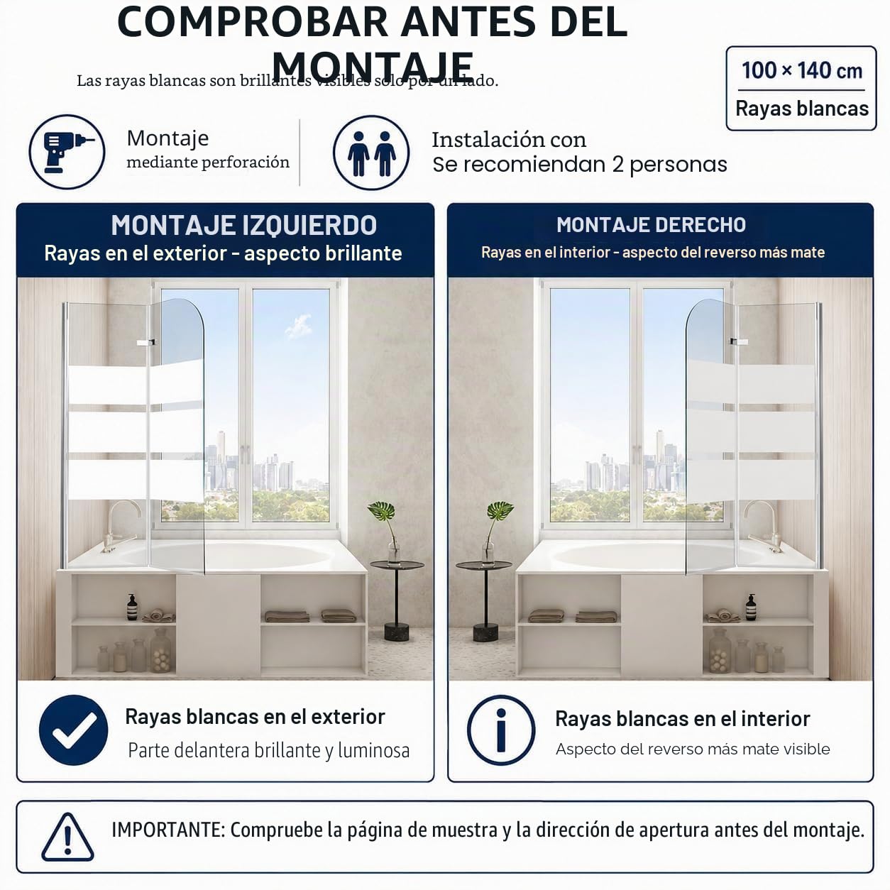 Mampara de ducha para bañera, 100 x 140 cm, plegable, de 2 partes, con vidrio de seguridad EGS de 6 mm, mampara de ducha para bañera, con rayas blancas