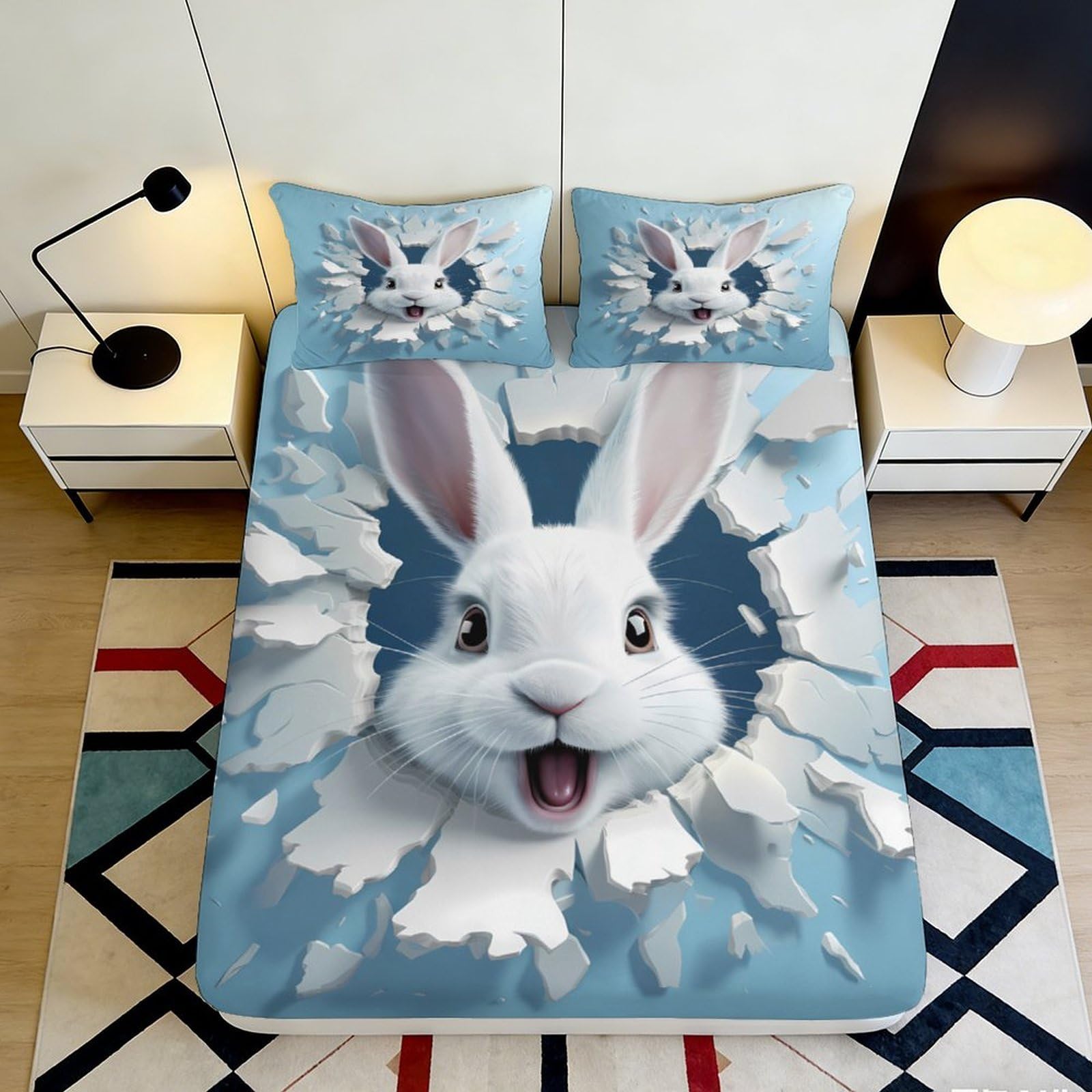 3D Printed Rabbit Pattern Fitted Sheet Microfiber Deep Pocket Bunny Bedroom Bedding Elastic Hem Washable Mattress Fitted Cover 140x200x25cm