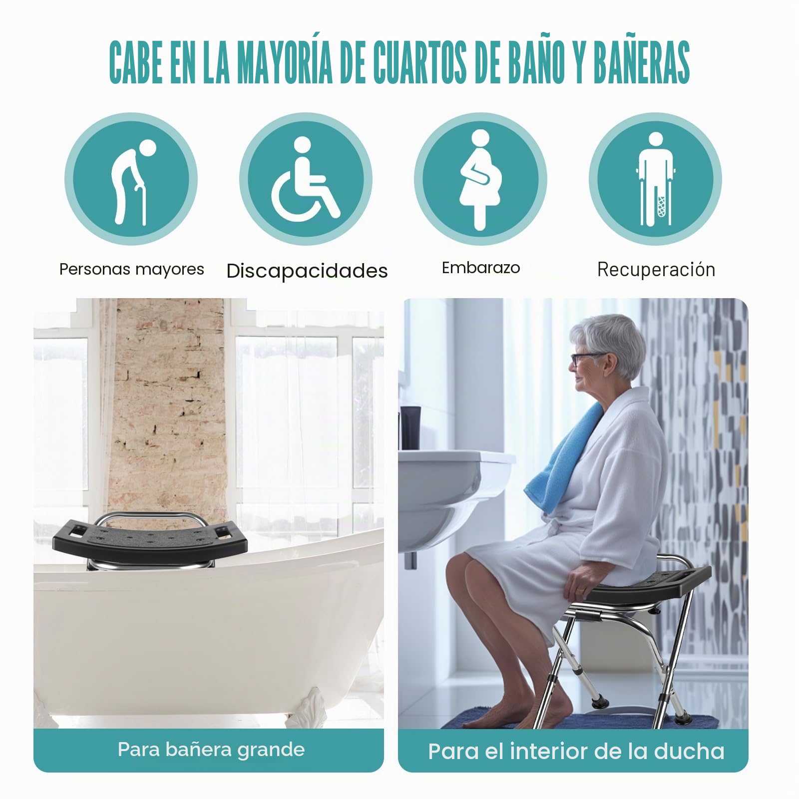 Asiento de Silla de Ducha Plegable, Asiento de Silla de Ducha Plegable de Altura Ajustable, Silla de Ducha de Acero Inoxidable Apta para Interior de Ducha, Taburete de Ducha Portátil de Viaje de 181