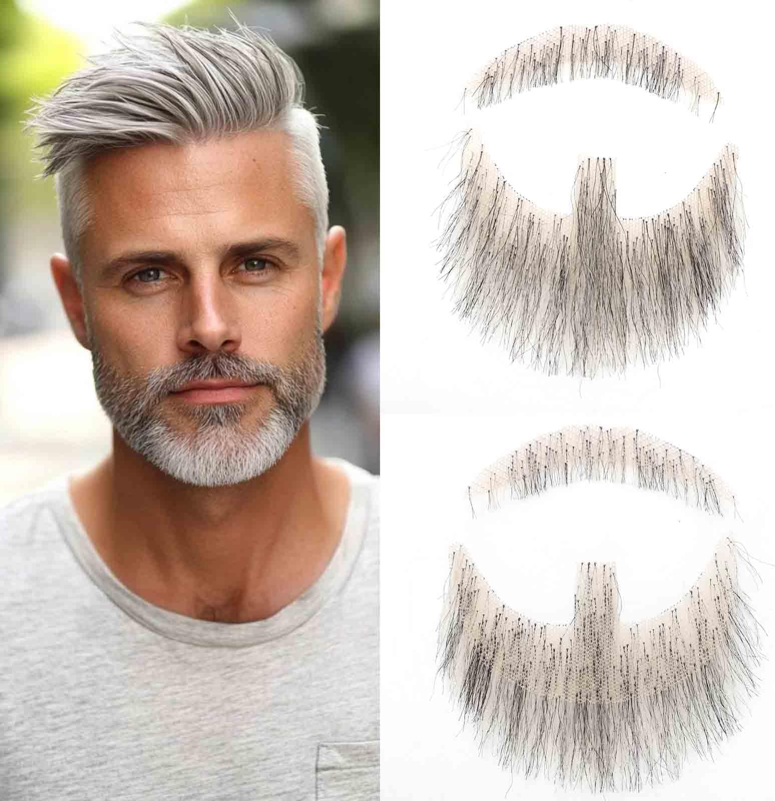 Realistic Beard and Moustache Human Hair Hand Tied Lace Base Synthetic Hair Goatee Facial Hair for Halloween Dressing, Cosplay and Costume (Mixed White, Black)