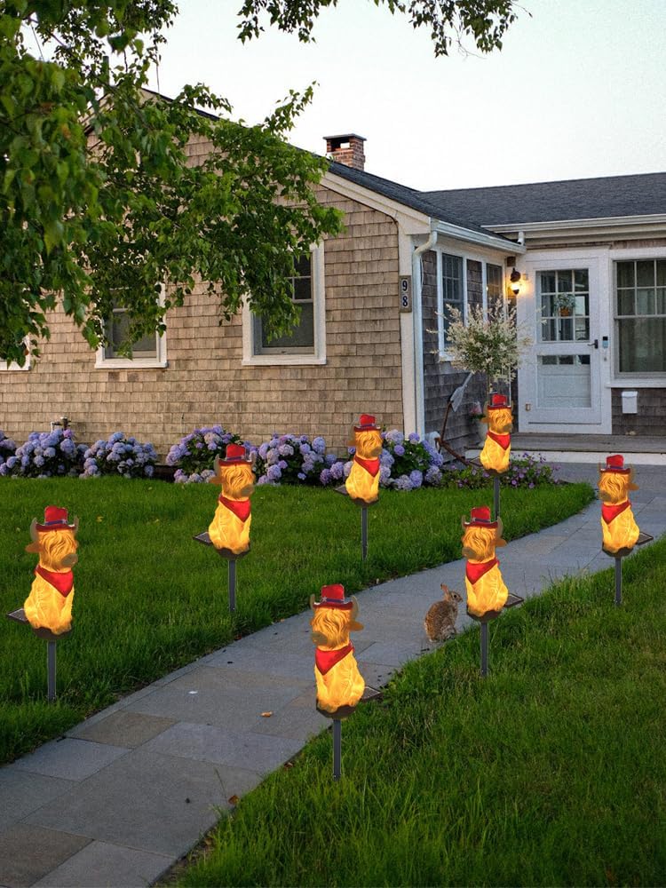 2pcs Highland Cow Solar Garden Lights, Outdoor, Small, Red, Rustic, Waterproof, LED, Path, Flush Mount, Touch Control, 2 Count