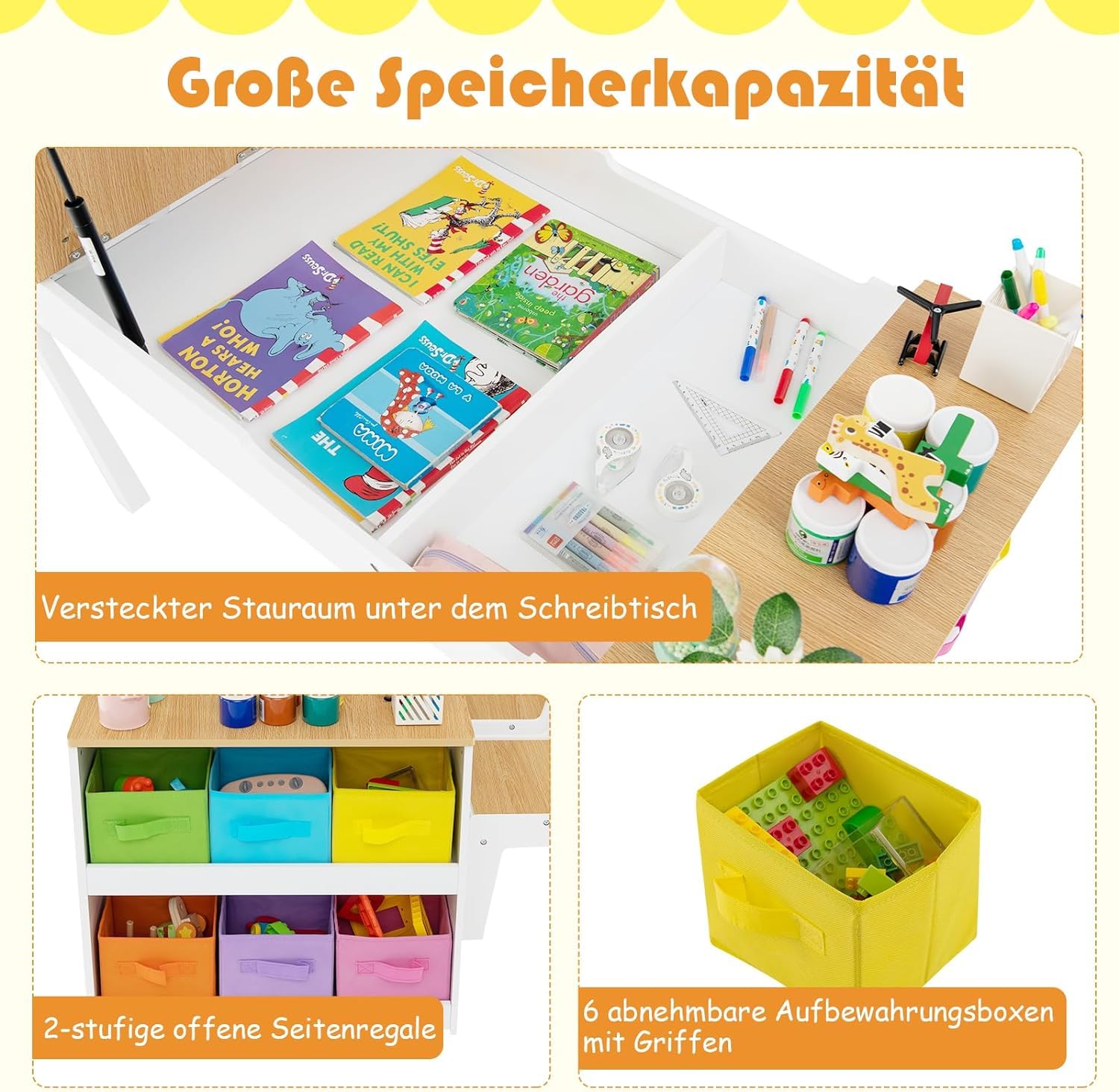 DREAMADE 3 in 1 Kindertisch mit 2 Stühlen aus Holz, Kinder Maltisch mit kippbarer Tischplatte & 6 Stoffboxen & Papierrolle, Kindersitzgruppe mit Stauraum für Kinderzimmer (Natur,mit 2 Ablagen)