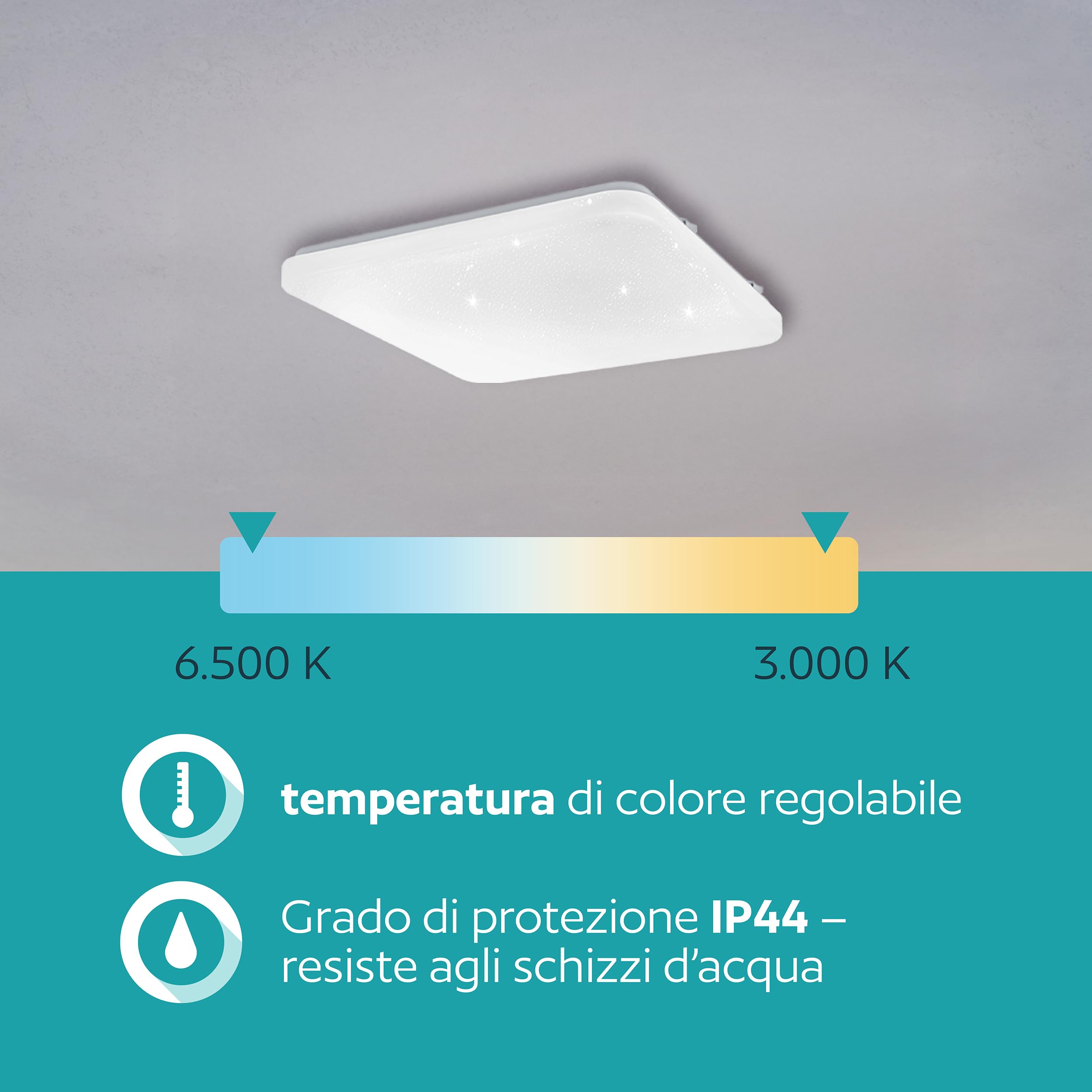 Eglo Frania-IP - Lampada da soffitto a LED, con effetto cristallo, in metallo e plastica, colore bianco, bagno, caldo, neutro, freddo, IP44, 33 x cm