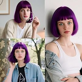 YOUNIGA Dark Purple Bob Wig With Bangs 12 Inch Short Synthetic Fiber Bob Wigs for Women Short Bob Wigs and Halloween Cosplay Wig for Daily Life Colorful Wigs With One Cap (Dark Purple)