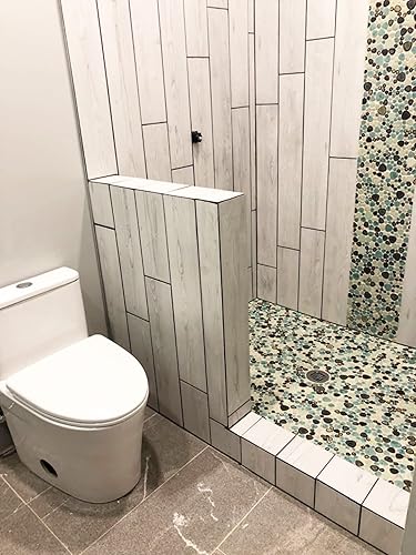 Miniatura 6 de Hominter Mosaico de porcelana de guijarros brillante mezclado con aguamarina, crema y café esmaltado azulejos de cerámica para baño, suelo de ducha,