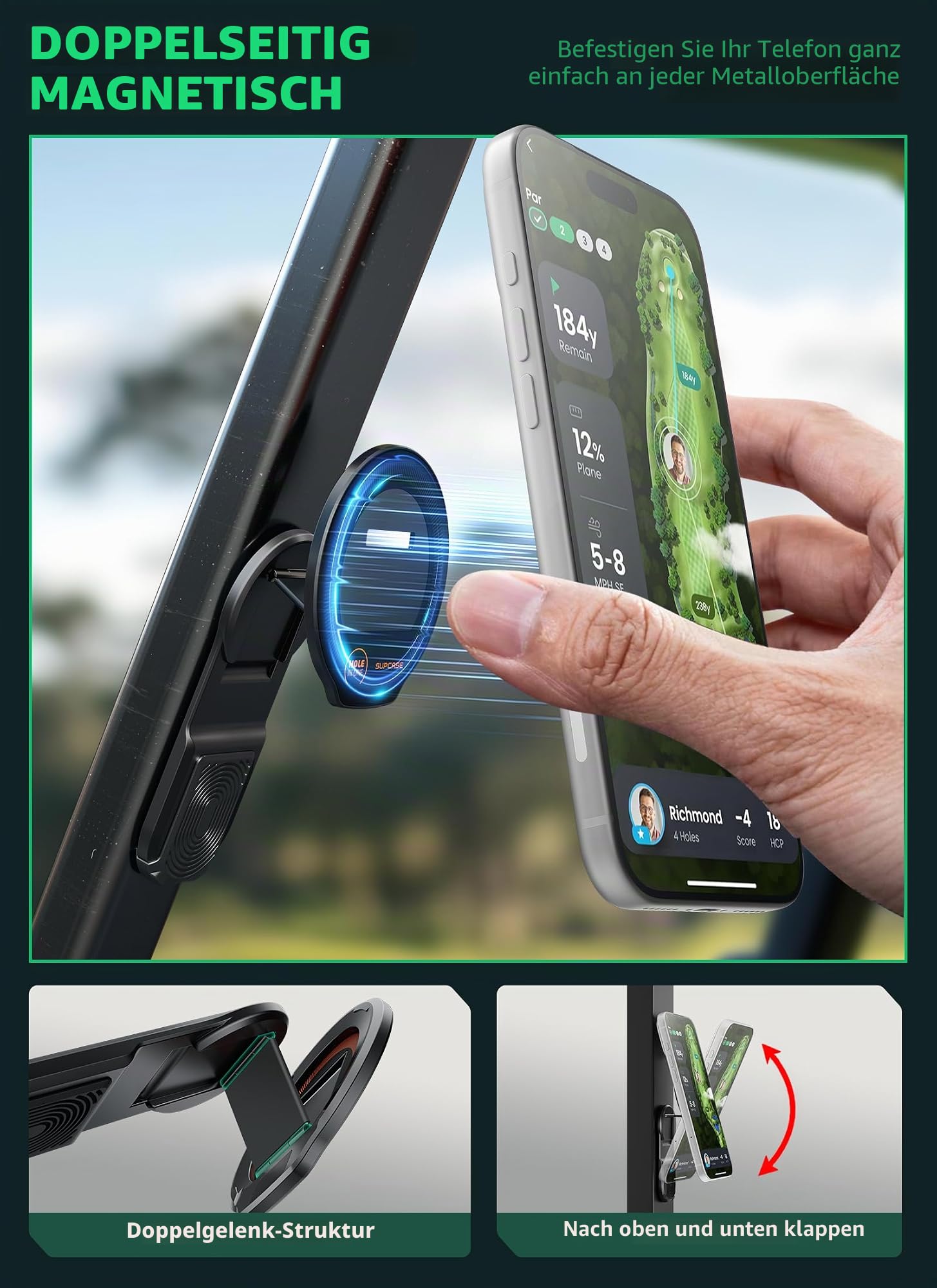 SUPCASE Magnetische Handyhalterung für Golfwagen, Dual-Sided Magnetständer Handyhalter Kompatibel mit MagSafe iPhone 17/16/15/14 & Galaxy S26 Ultra, Golfzubehör Geschenke für Golfer (Schwarz)
