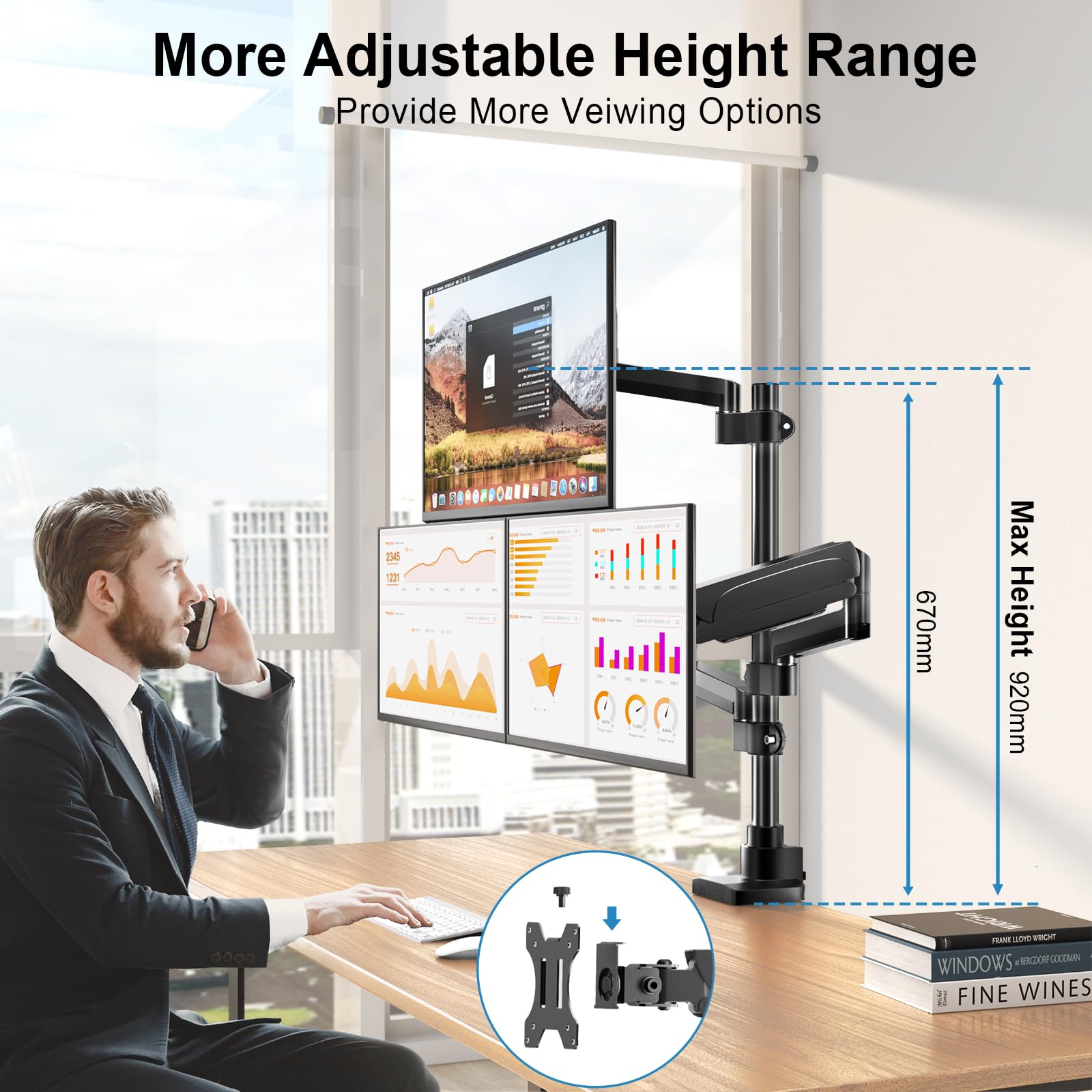 PUTORSEN Supporto per monitor 3 monitor per schermo da 17-32 pollici, supporto per monitor 3 monitor regolabile in altezza con braccio da 9 kg, asta da 67 cm, orientabile VESA 75/100 mm