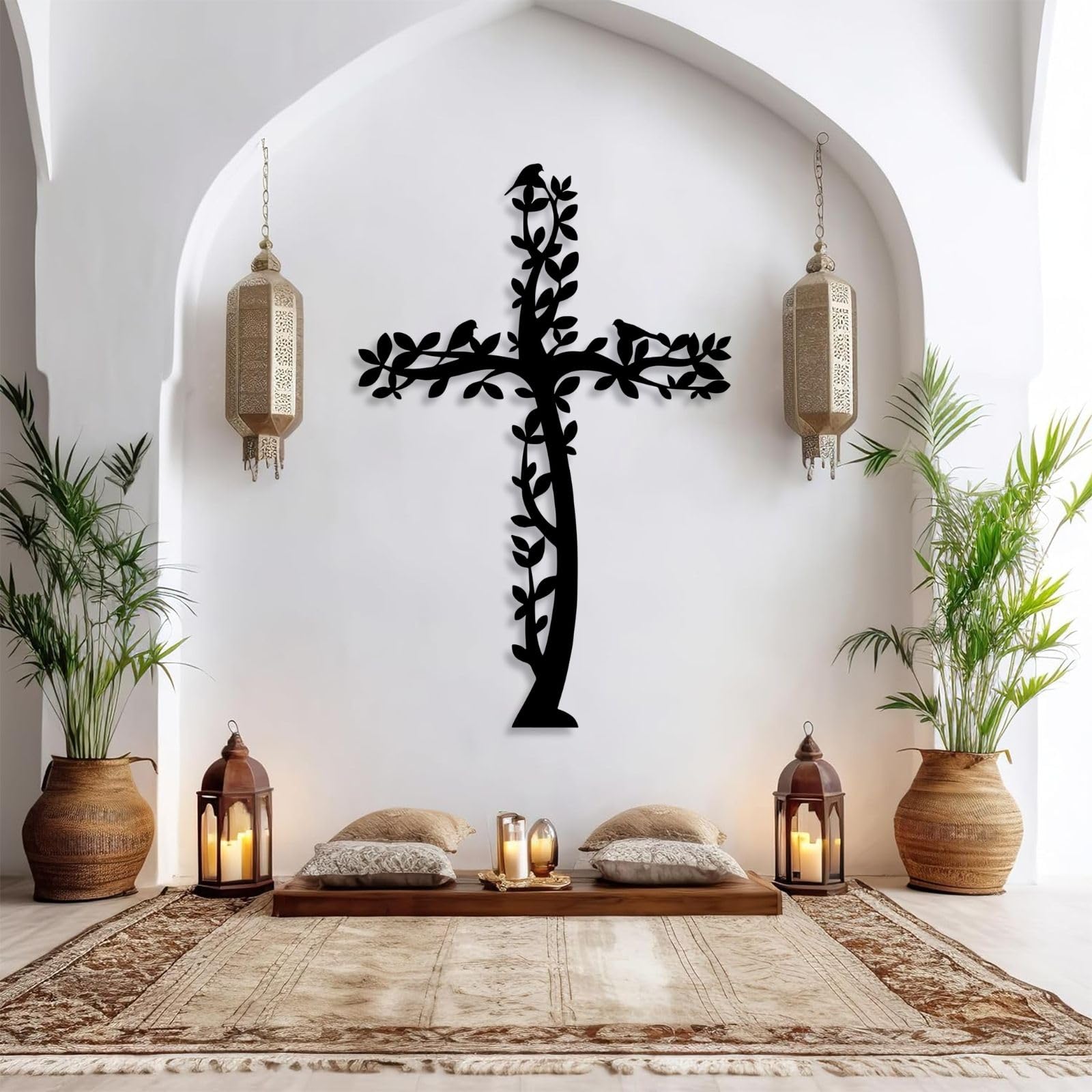 Croix avec arbre - Décoration murale en métal, style chrétien