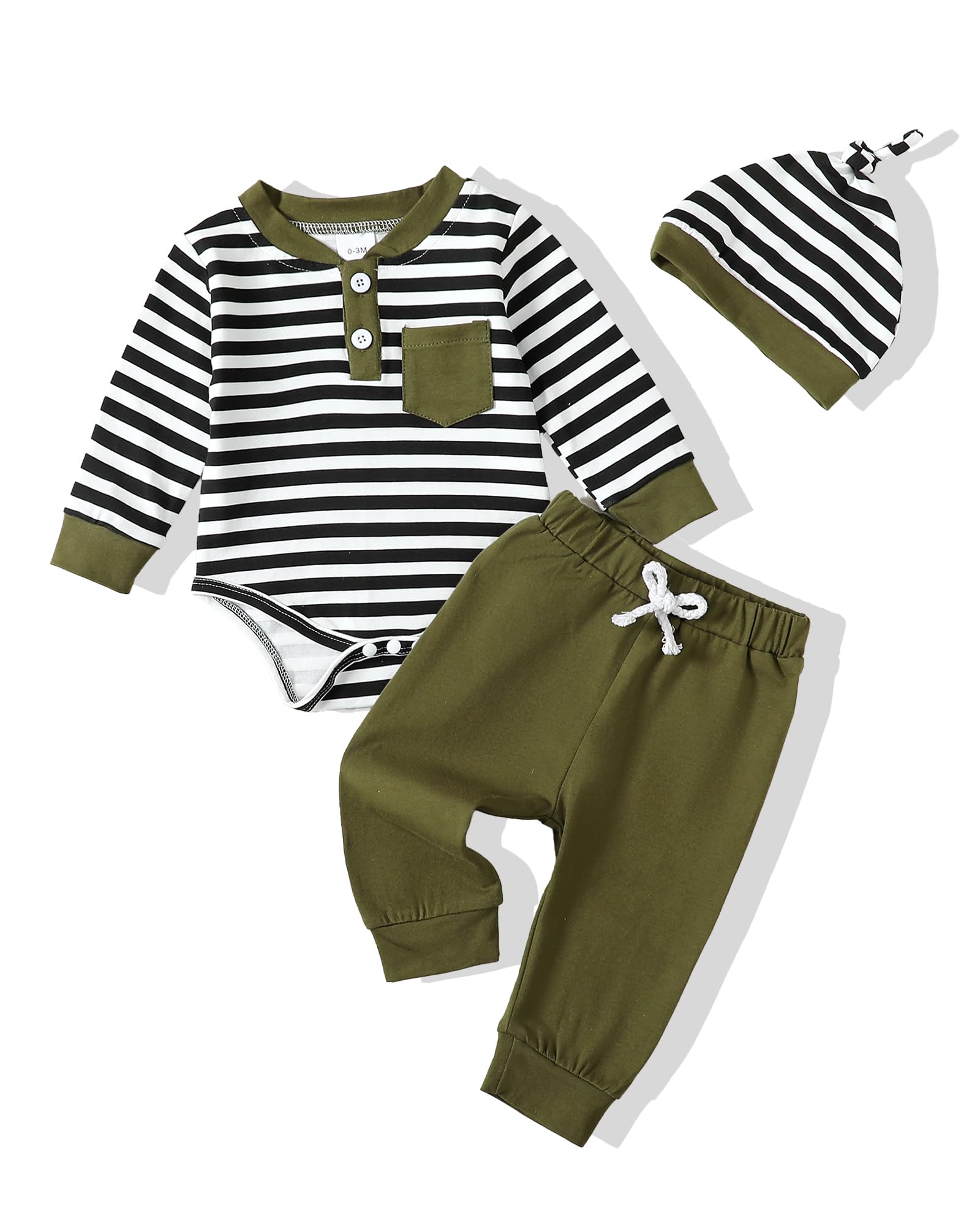 NZRVAWS Baby Boy Clothes 6-12 Months Infant Boy Outfits Stripe Romper Long Pants Set Hat 3PC Clothing