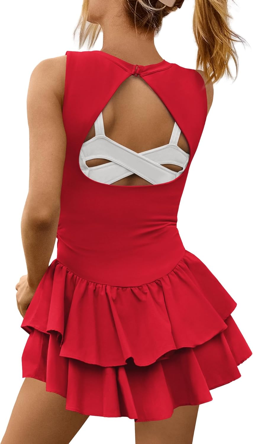 Yanekop Womens Tennis Dress with Built in Shorts Backless Athletic Dresses Workout Golf Mini Dress Activewear Outfits