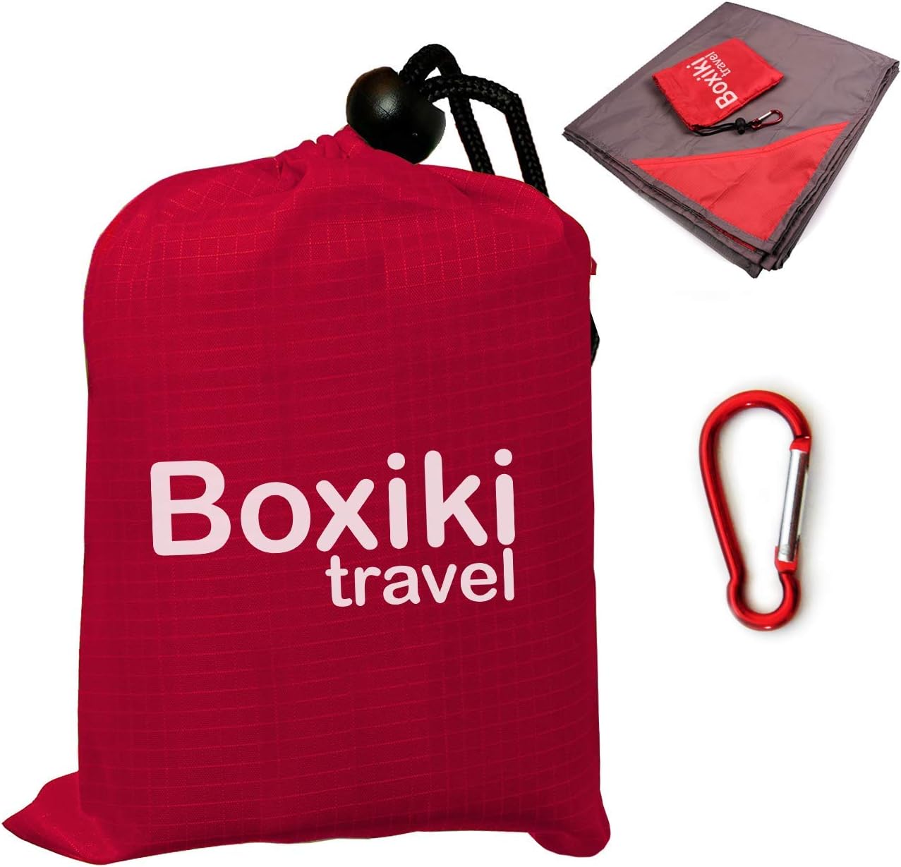 Boxiki Travel Compact Waterproof Pocket Beach Blanket Portable Lightweight Folding Tarp with Red Travel Case. Outdoor Picnic Camping Blanket with Easy Attachment Clip Accessory.