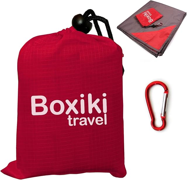 Boxiki Travel Compact Waterproof Pocket Beach Blanket Portable Lightweight Folding Tarp with Red Travel Case. Outdoor Picnic Camping Blanket with Easy Attachment Clip Accessory.