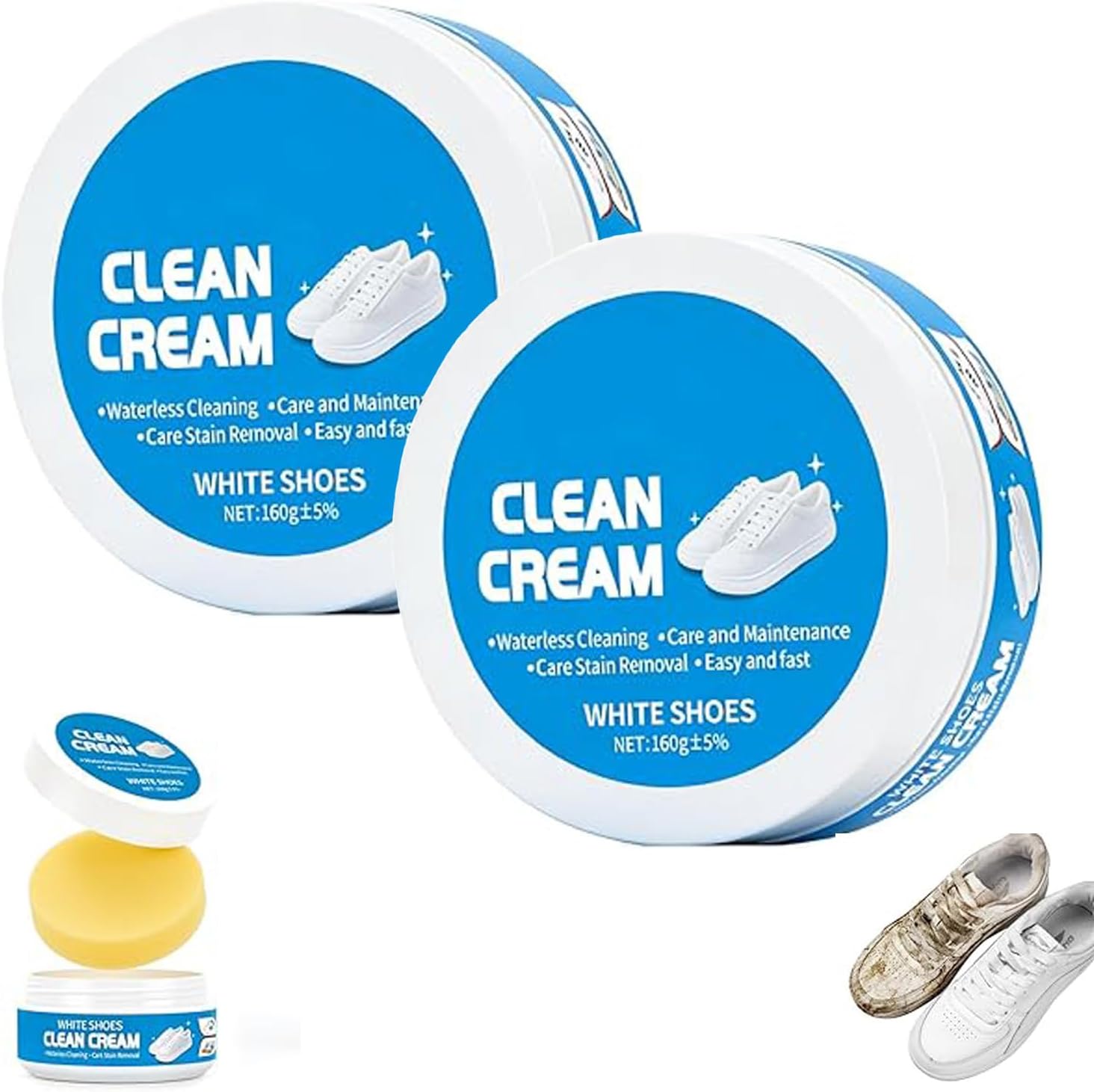 2Pcs White Shoe Cleaner Cream, No-Wash Cleaning Cream with Sponge, Stain & Dirt Remover for White Sneakers, Leather, Soles, Silicon & Car Interiors