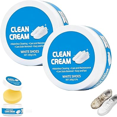 2Pcs White Shoe Cleaner Cream, No-Wash Cleaning Cream with Sponge, Stain & Dirt Remover for White Sneakers, Leather, Soles, Silicon & Car Interiors
