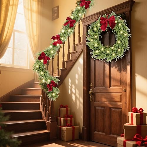 Miniatura 7 de Guirnalda de Navidad de 9 pies con luces, guirnalda de pino Norfolk iluminada para manto, guirnalda de invierno de Navidad verde artificial