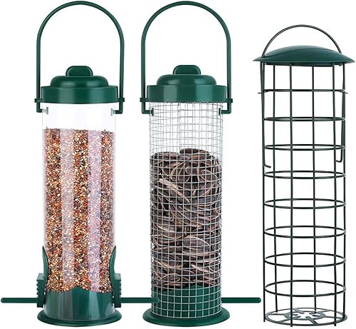 Miniatura 6 de Comedero colgante para pájaros silvestres con perca, tubo de plástico transparente de malla, bola de sebo de metal, comederos para pájaros para