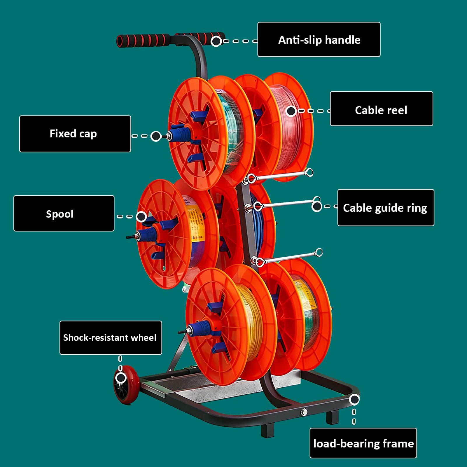 Carrello portacavi portatile, Distributore per avvolgicavo multi-bobina per impieghi gravosi con vassoio portaoggetti, Supporto per avvolgicavo multi-asse, Carrello porta-bobina per cavi elettrici