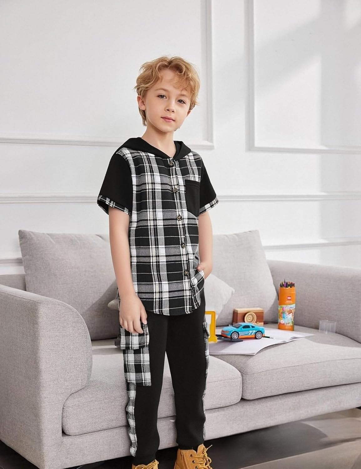 Kids Boy Clothes Plaid Hooded Short-Sleeved Shirt Top and Patchwork design Pants 2Pcs Boys Outfits - Image 4